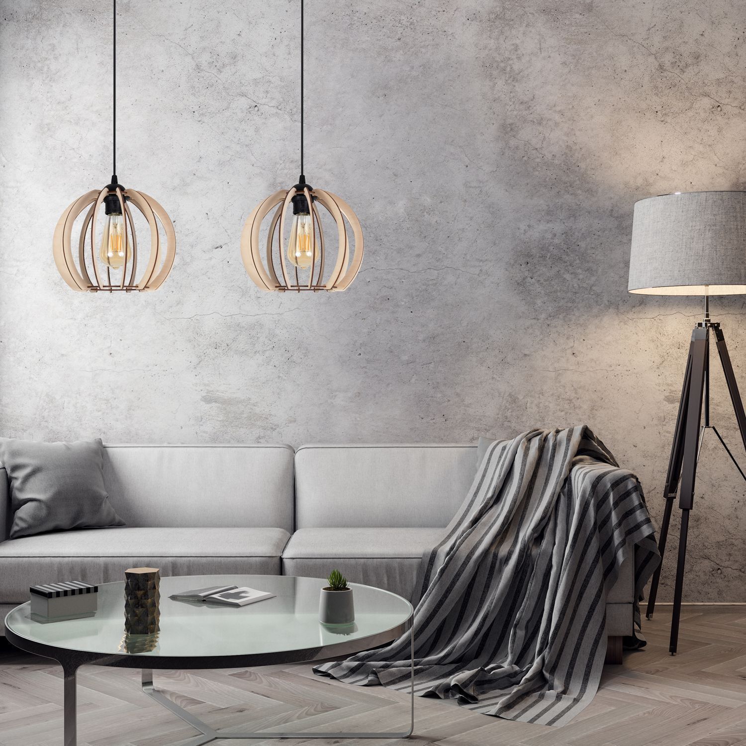 Längliche Hängelampe Holz Metall E27 2-flammig L:60 cm Lampe, Stehlampe, Couch, Mobiliar, Inneneinrichtung