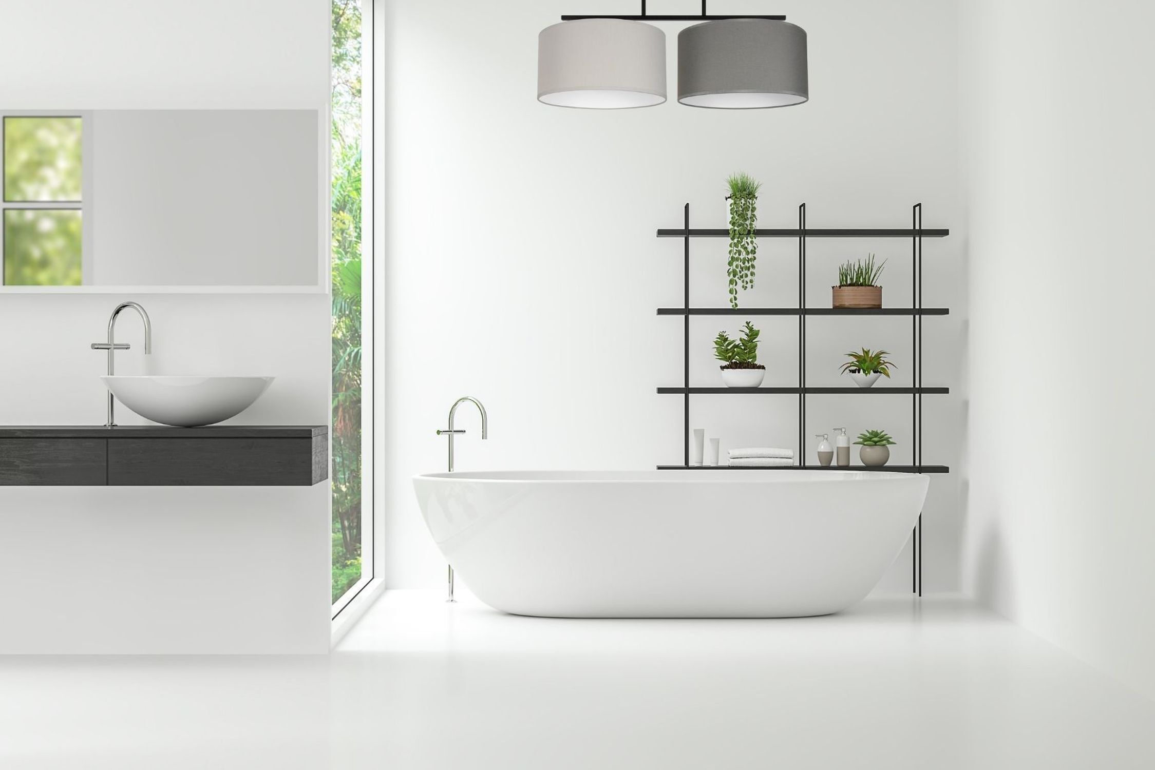 Badewanne, Freistehende Badewanne, Skandi-Badzimmer, Waschtisch, Pflanzenregal
