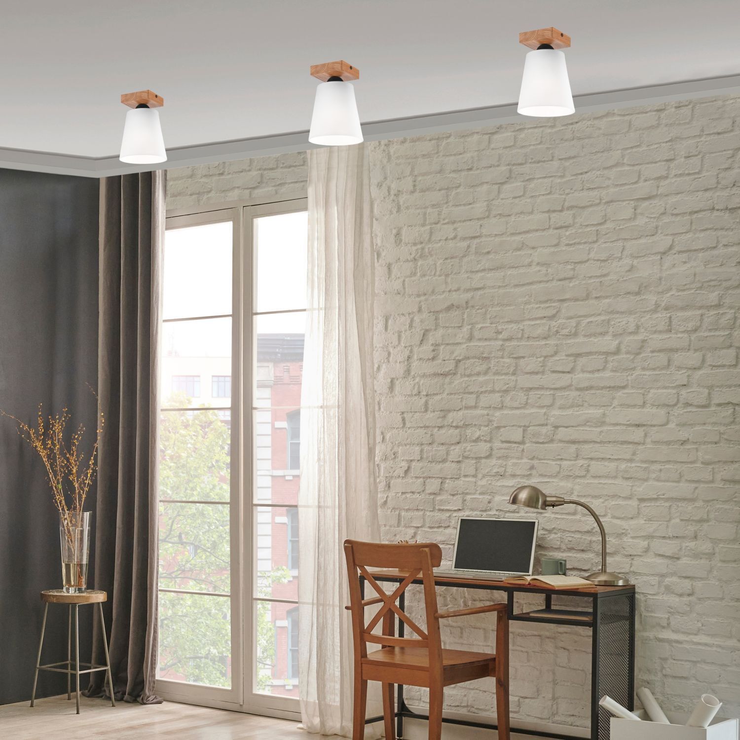 Deckenlampe Weiß Ø 15 cm H: 21 cm klein Stoff Holz Modern Lampe, Drinnen, Innenarchitektur, Fenster