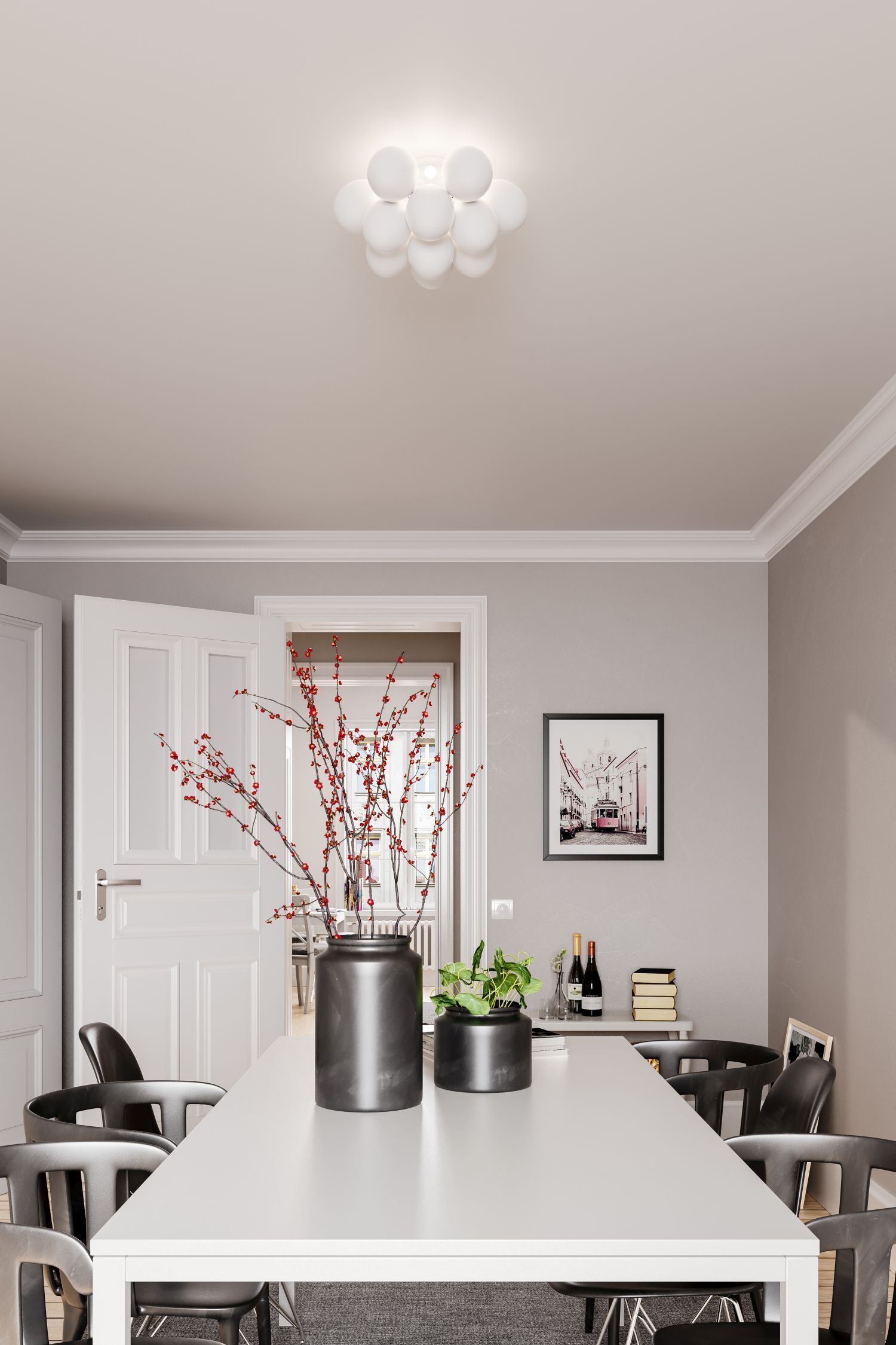 Deckenlampe Weiß matt B: 30 cm 3-flammig G9 Metall Glas Speisesaal, Esstisch, Drinnen, Tabelle, Innenarchitektur