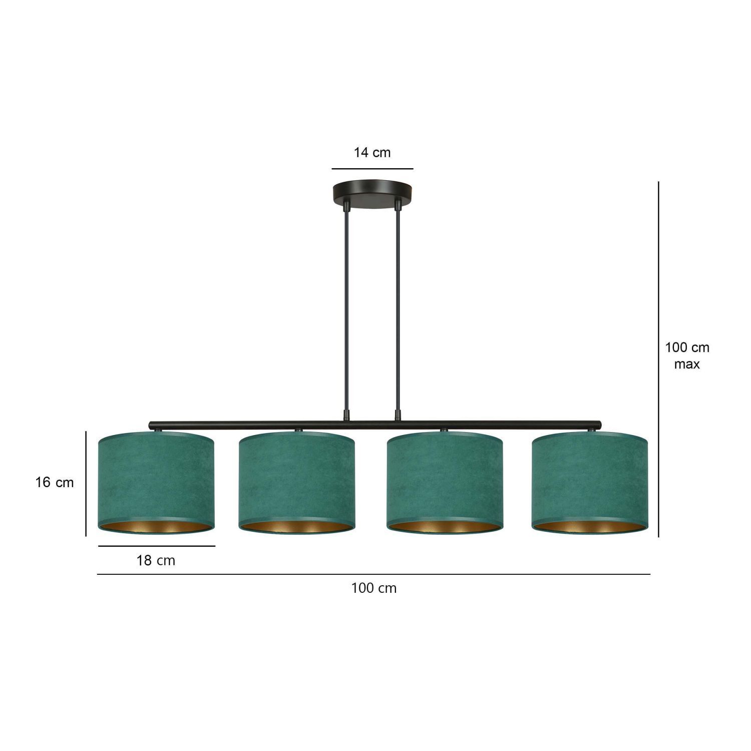 Hängelampe 4-flammig 97 cm Metall Stoff Schwarz Grün Gold E27 Leuchte, Kronleuchter, Lampe, Deckenleuchte
