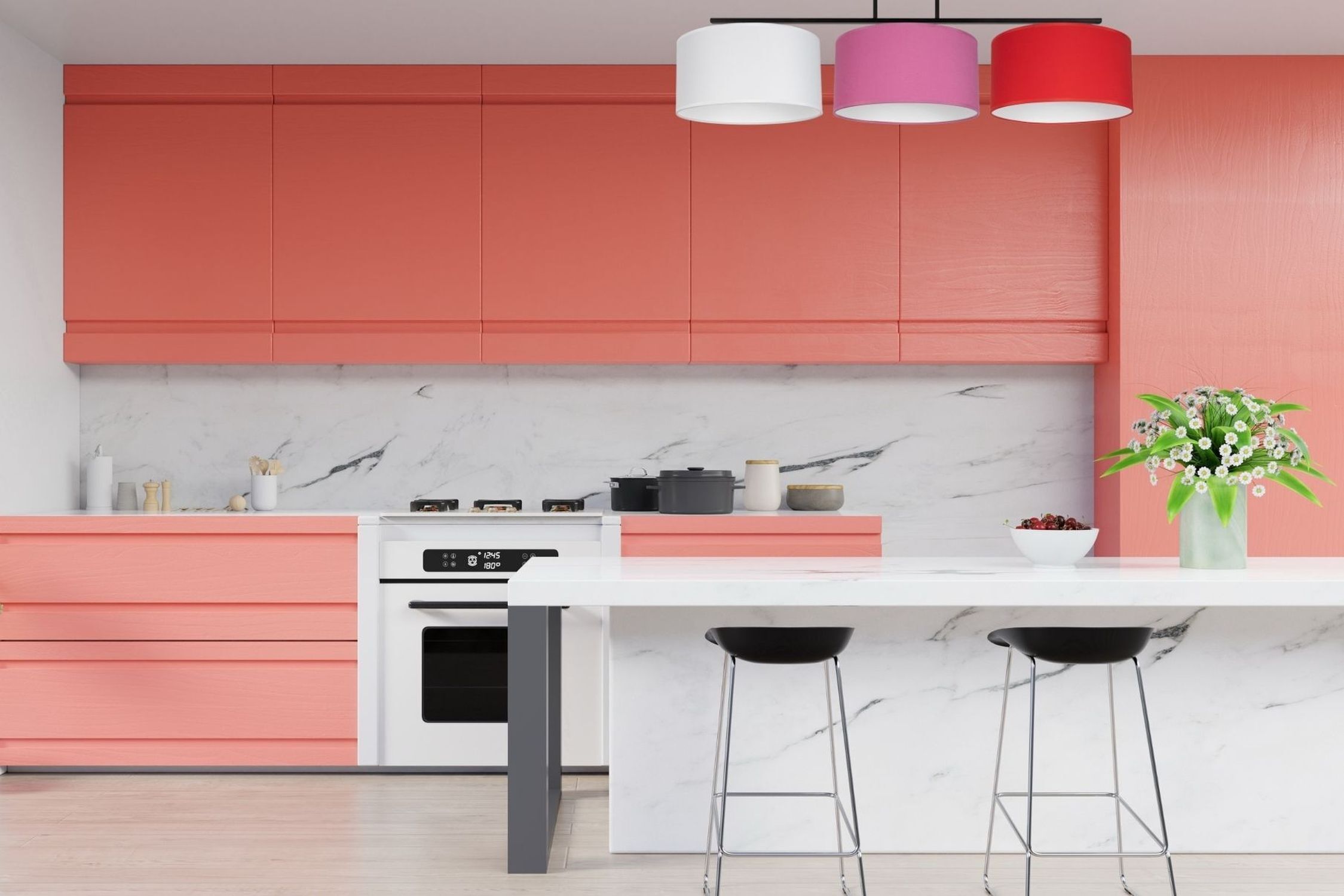 Küche, Küchenschrank, Kücheninsel, Marmortop, Hängelampe