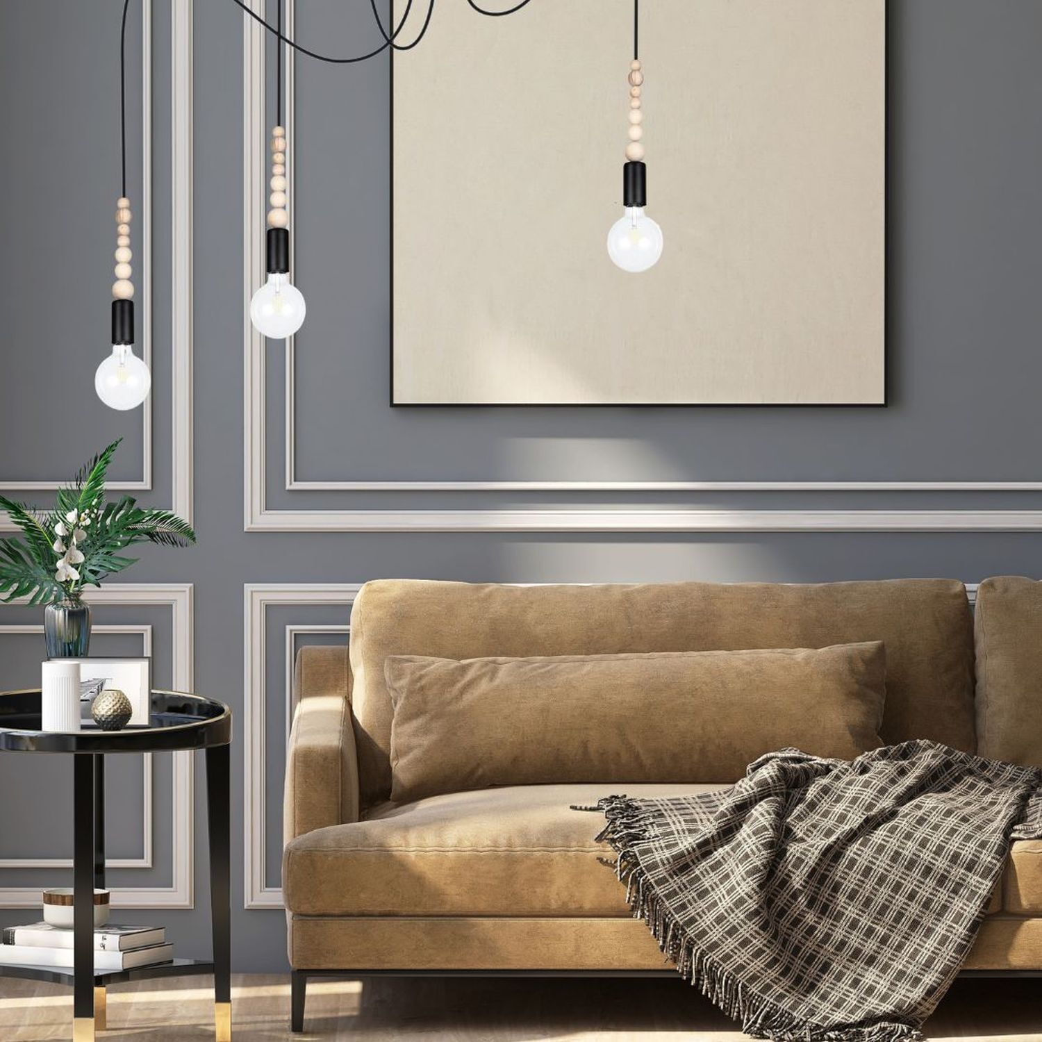 wohnzimmer, sofa, beige, deckenlampe, wandpaneele