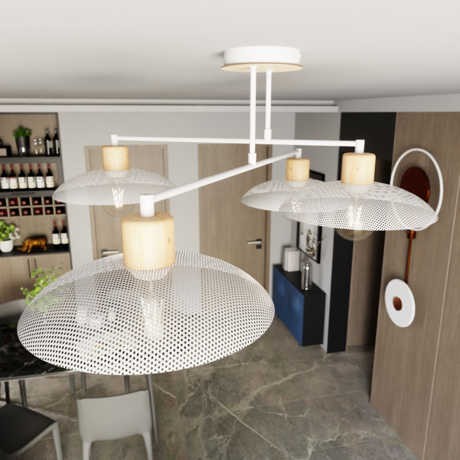 Deckenleuchte Weiß Holzoptik 100 cm groß Metall E27 4-flammig Tabelle, Tischplatte, Fußboden, Lampe, Esstisch