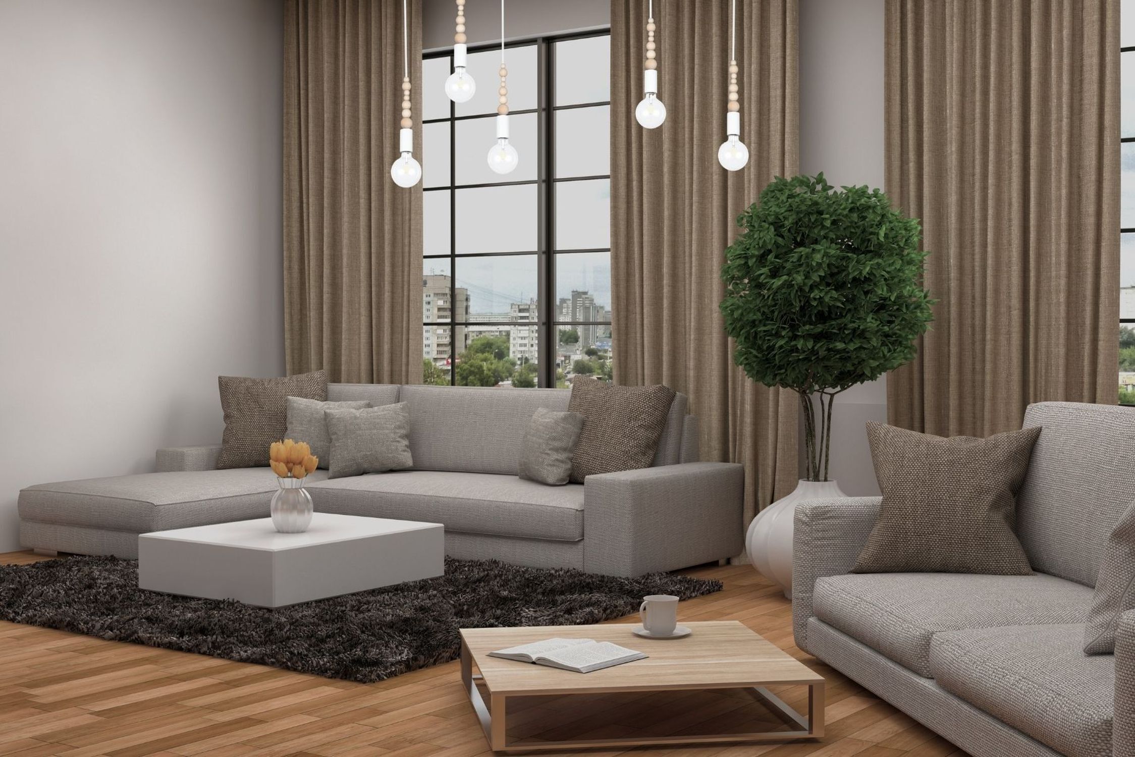 sofa, wohnzimmer, vorhänge, pflanze, kaffetisch