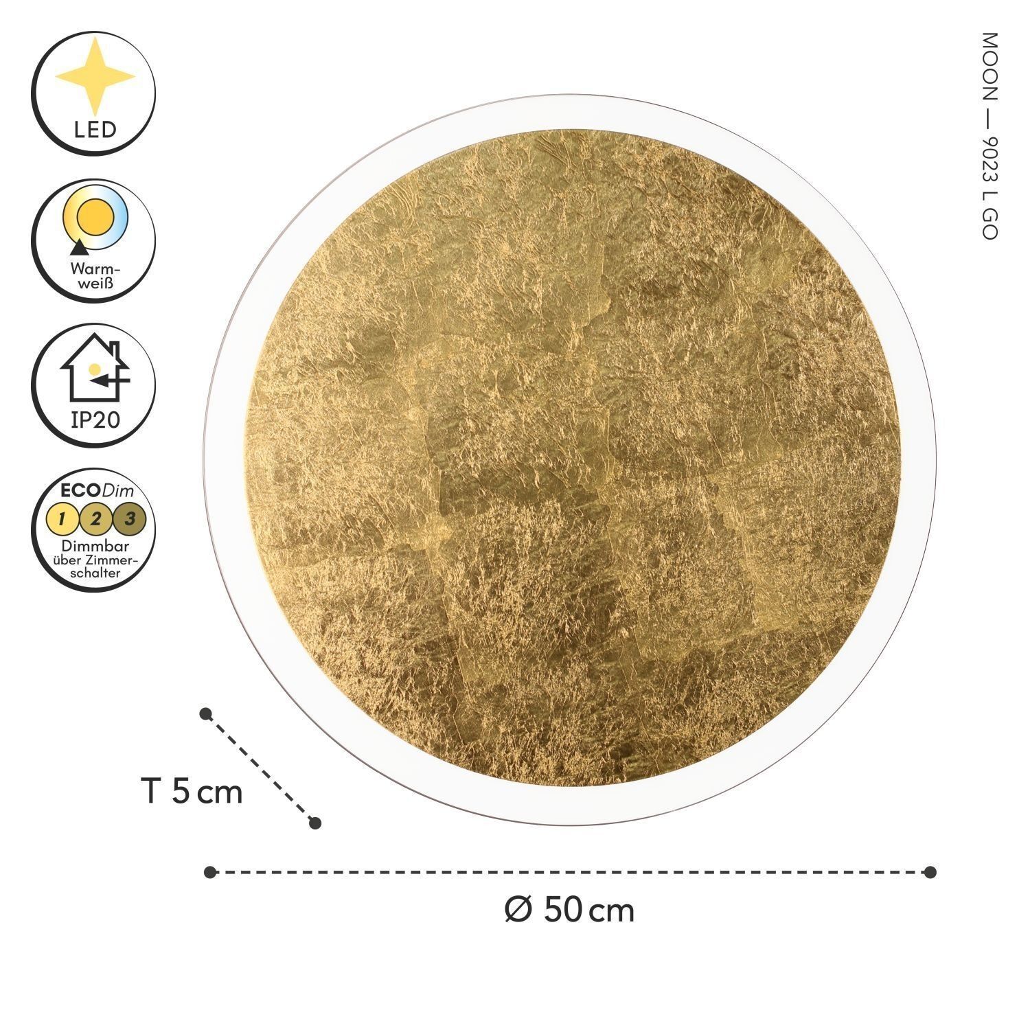 LED Deckenleuchte Gold Ø50 cm 3500 K 3 Stufen dimmbar golden disc, gold texture, runde leuchte, LED, dim over wall switch
