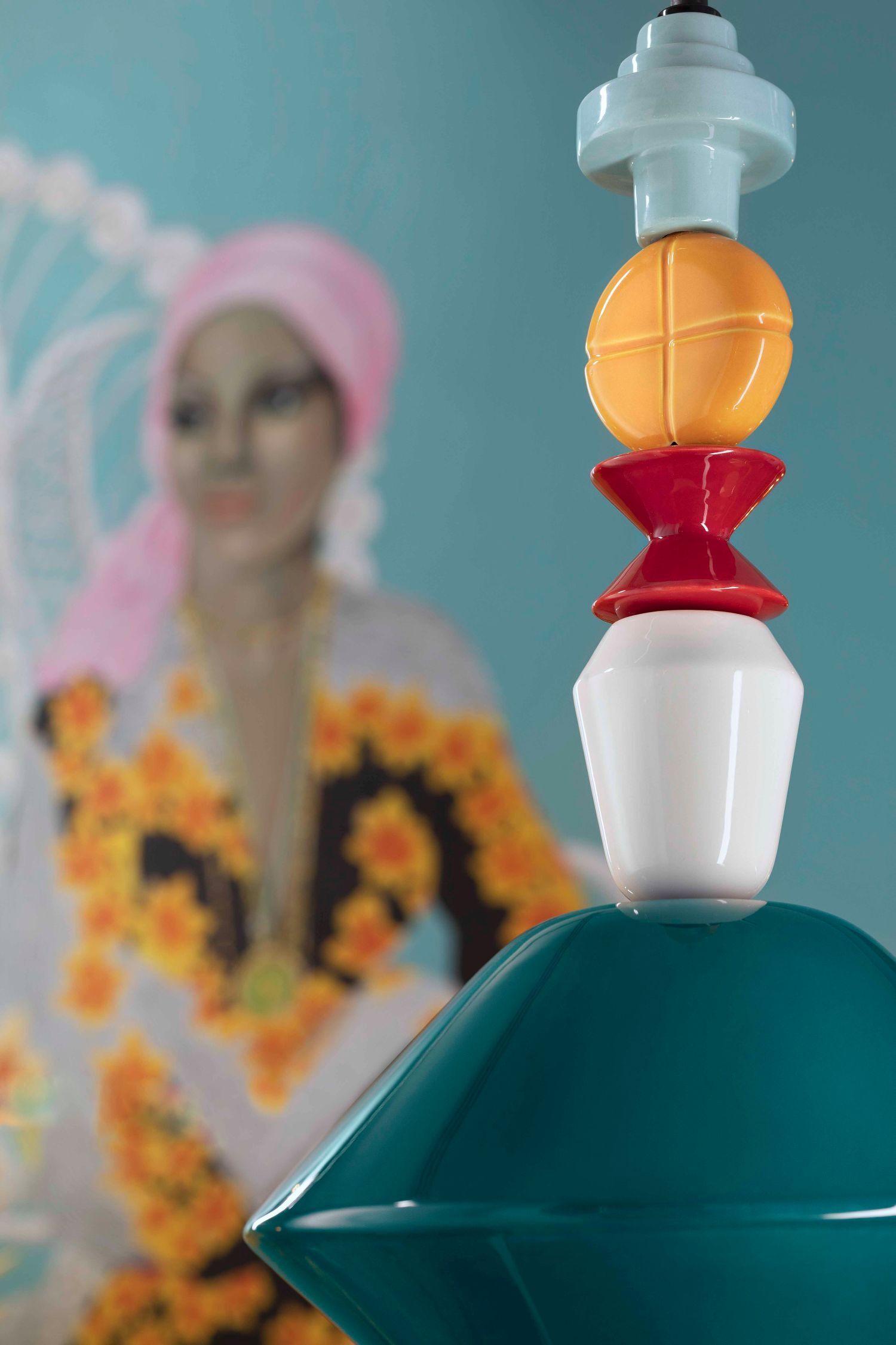 Pendelleuchte Keramik Petrol Bunt E27 Retro Design Person, Gesicht, Kopf, Kosmetik