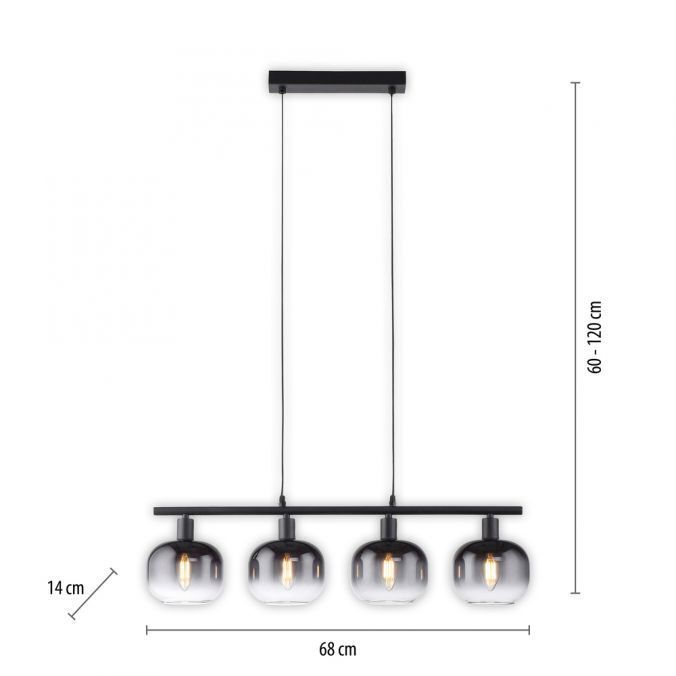 Pendelleuchte Glas Metall Rauchgrau Schwarz E14 L:68 cm
