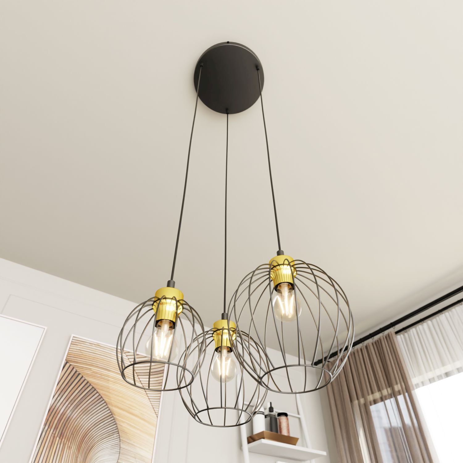 Runde Pendelleuchte Schwarz Gold 3-flammig E27 elegant Leuchter, Lampe