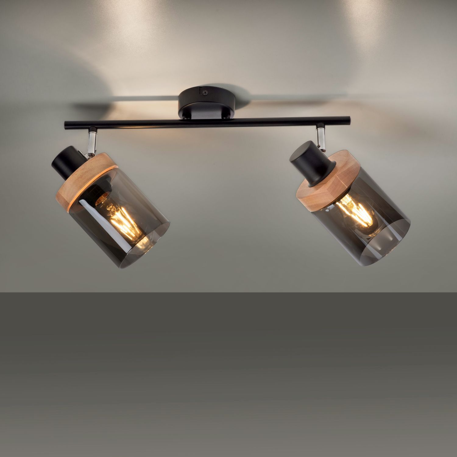 Beweglicher Deckenstrahler Rauchglas Holz E27 L:64 cm Beleuchtung, Leuchte, Deckenleuchte