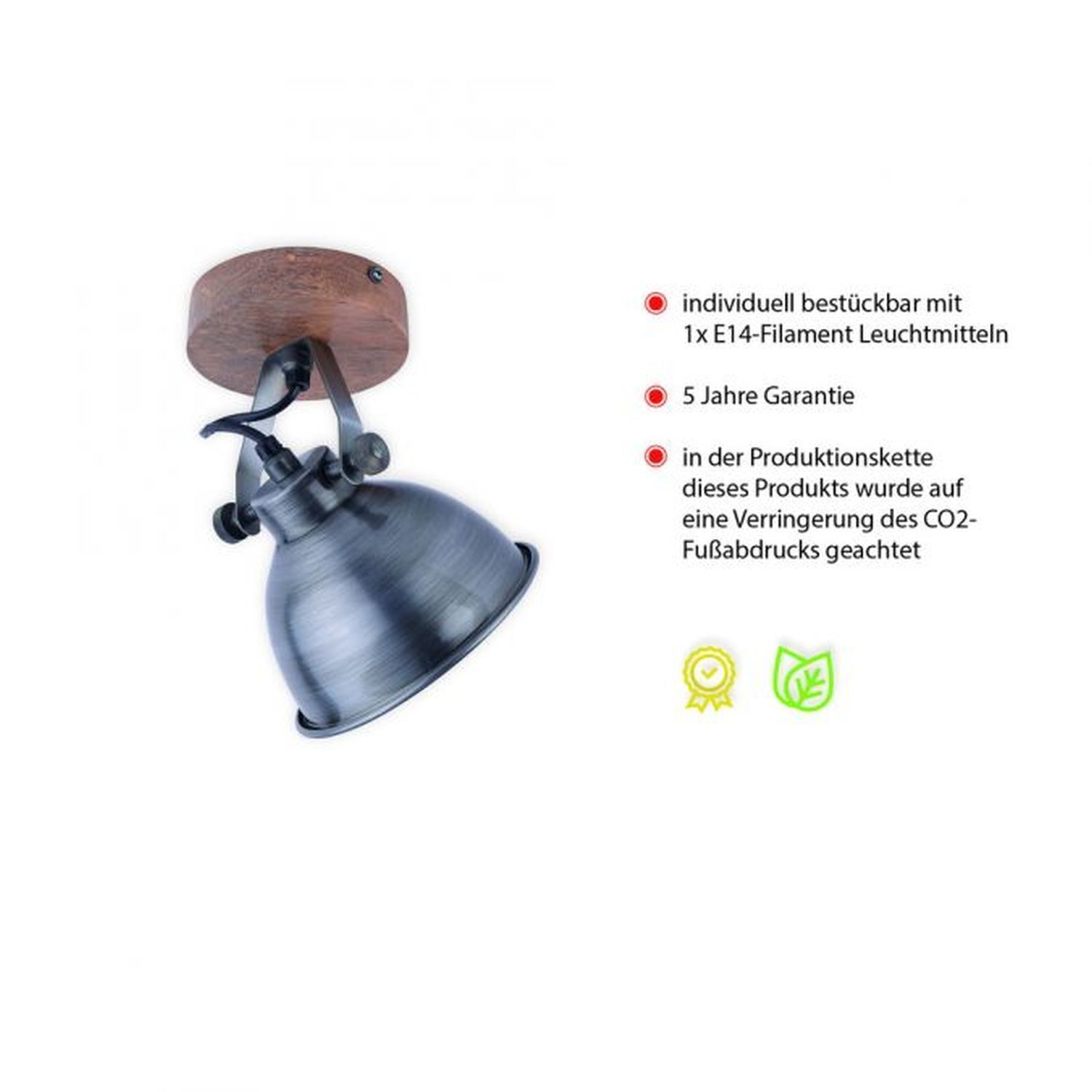 Beweglicher Deckenspot Holz Metall E14 Industrial Beleuchtung