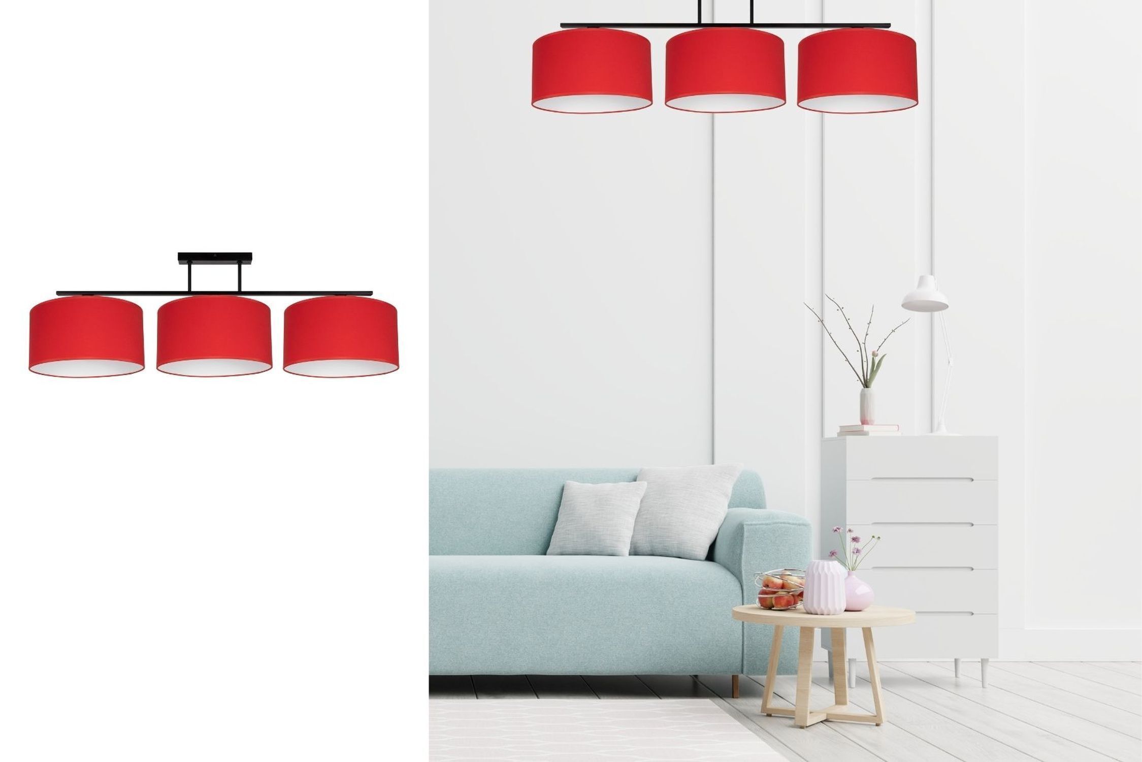 Hängeleuchte, rote Schirme, Deckenleuchte, Dreibar-Lampe, Wohnzimmerbeleuchtung