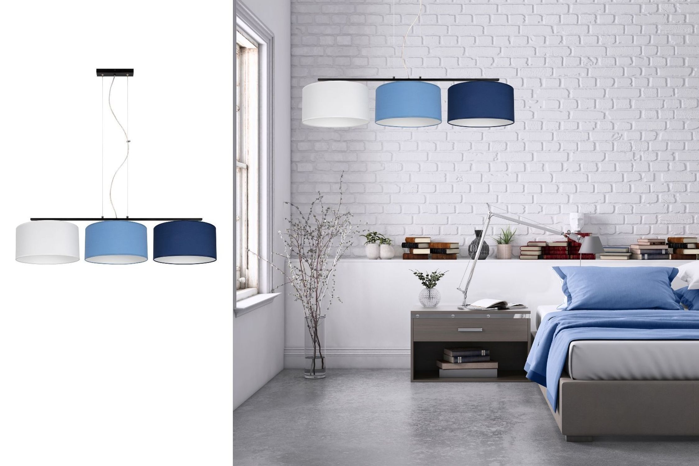 Wohnliche Pendelleuchte Stoff Weiß Blau E27 100 cm lang deckenleuchte, pendelleuchte, dreifach, farben, zimmerbeleuchtung