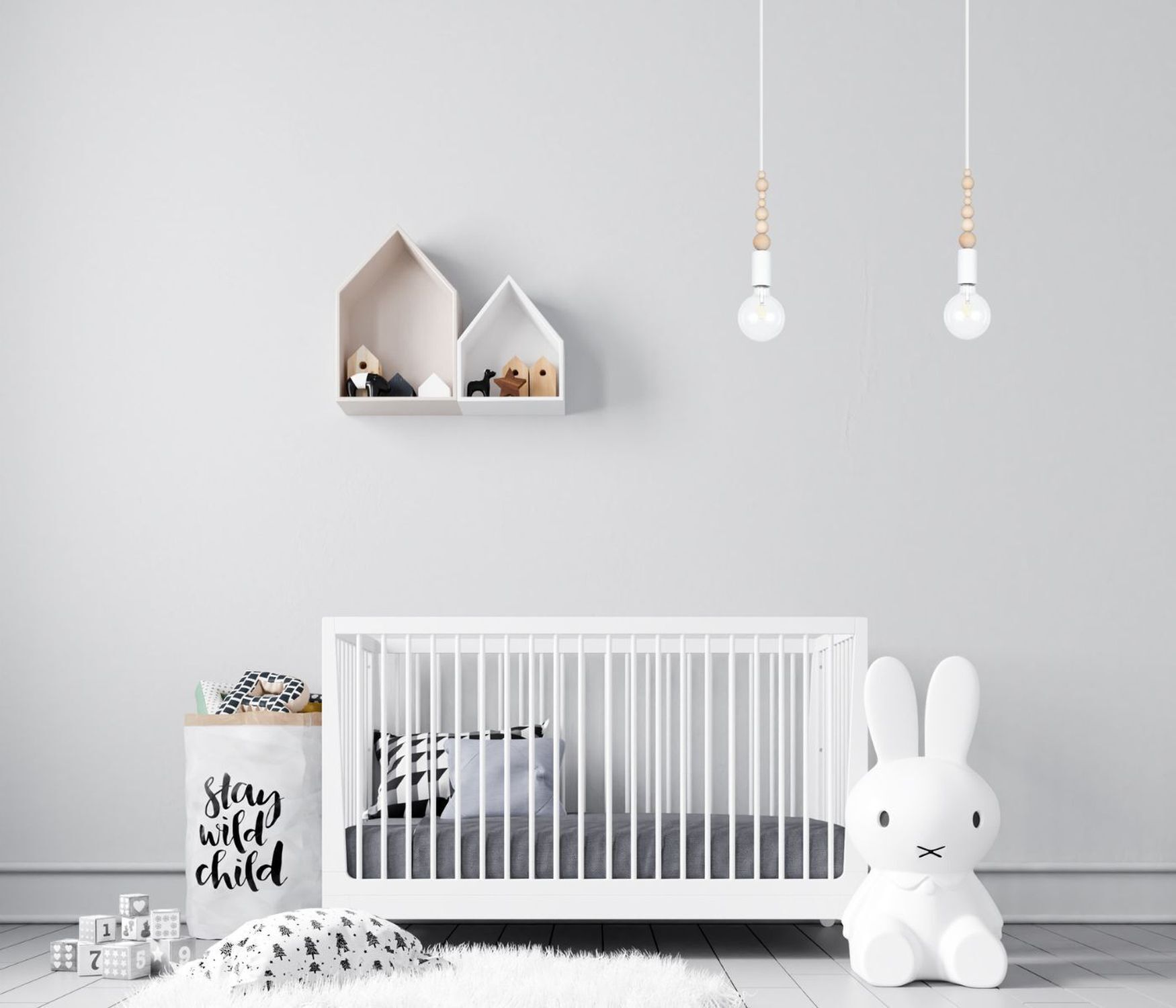 Lange Hängelampe Weiß Holz Metall L:40 cm E27 2-flmg Krippe, Mobiliar, Bett für Säuglinge, Drinnen, Gärtnerei