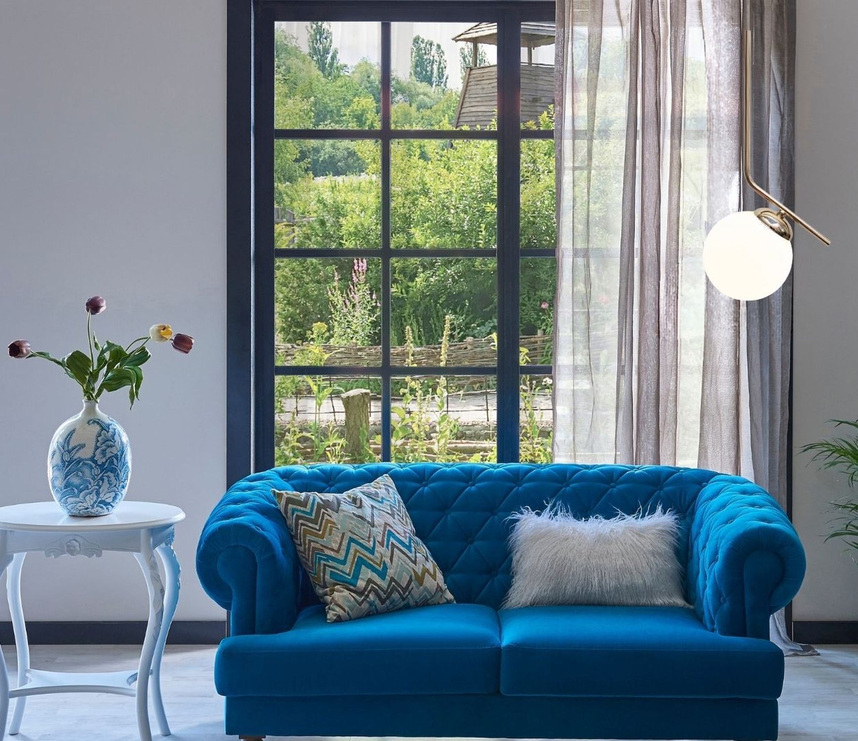 sofa, blau, gesteppt, Samt, kissen