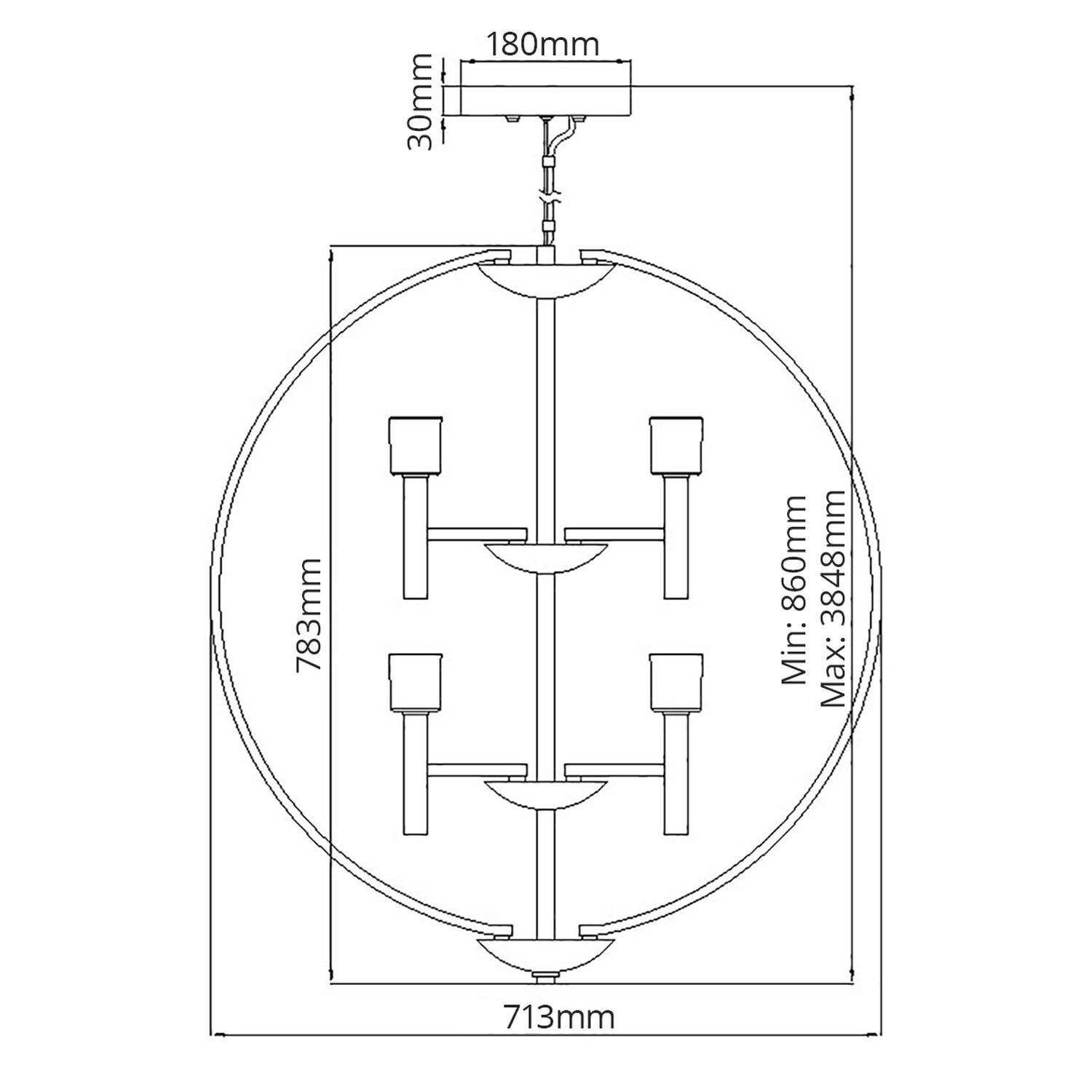 Kronleuchter LED G9 rund D: 71,3 cm Metall Glas in Chrom Weiß Leuchter, Lampe, CAD-Diagramm, Diagramm