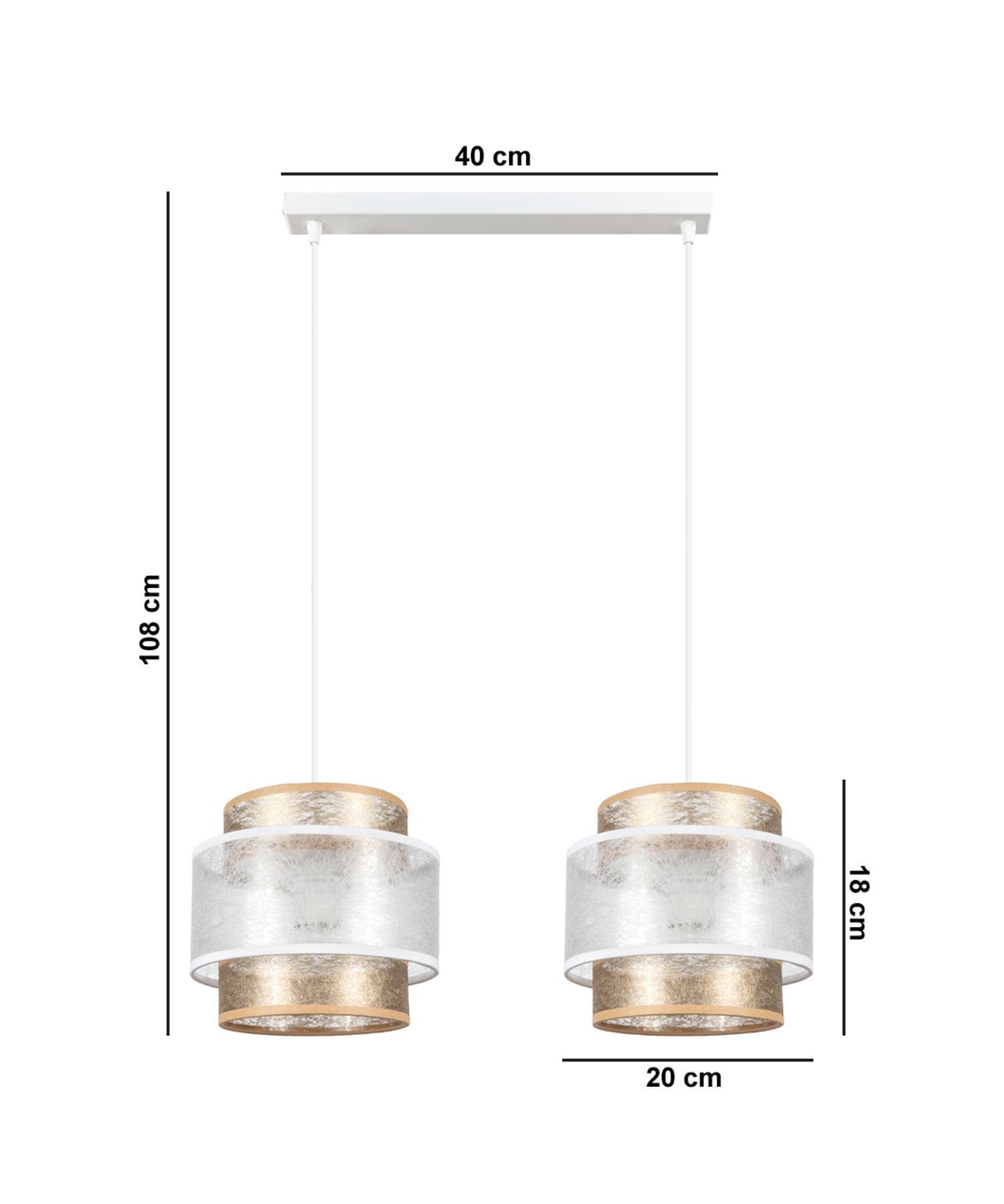 Lange Hängeleuchte Stoff Weiß Gold 48 cm E27 blendarm