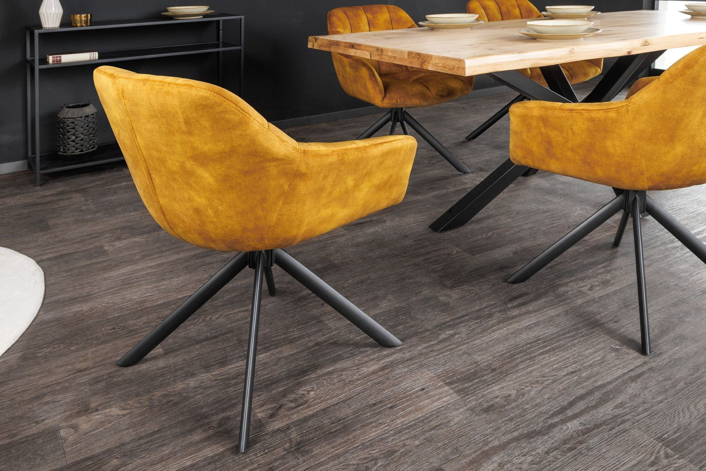 Drehstuhl Samt Metall ohne Rollen in Gelb Schwarz Retro Fußboden, Holz, Tabelle, Bodenbeläge, Innenarchitektur