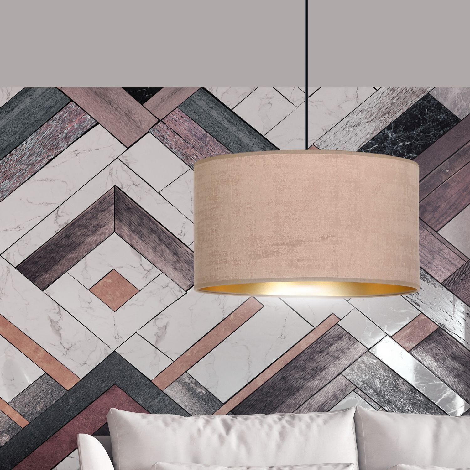 Pendelleuchte Stoff Rosa Gold Schwarz E27 Ø 35 cm CYRIL Lampe, Drinnen, Innenarchitektur