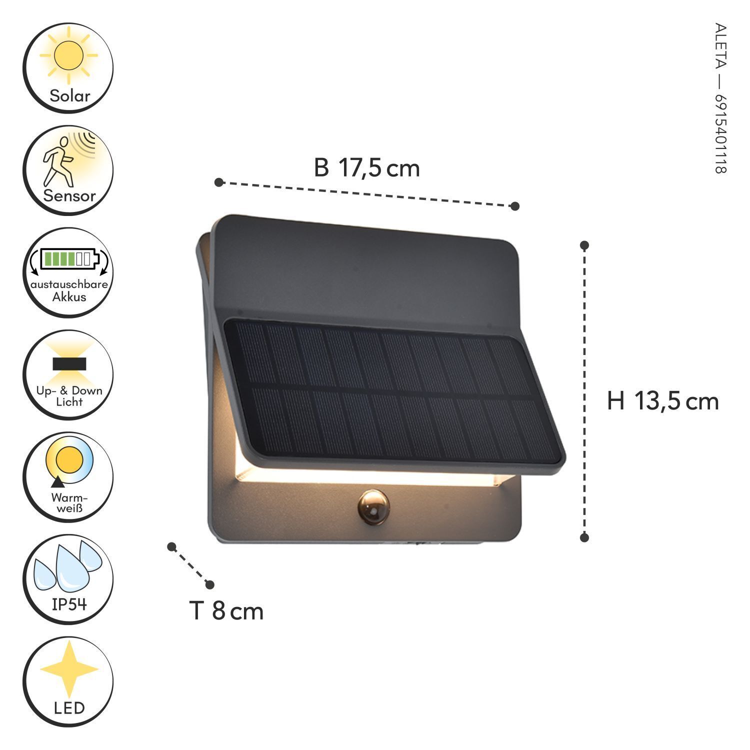 LED Solar Wandleuchte mit Bewegungssensor IP54 3000 K