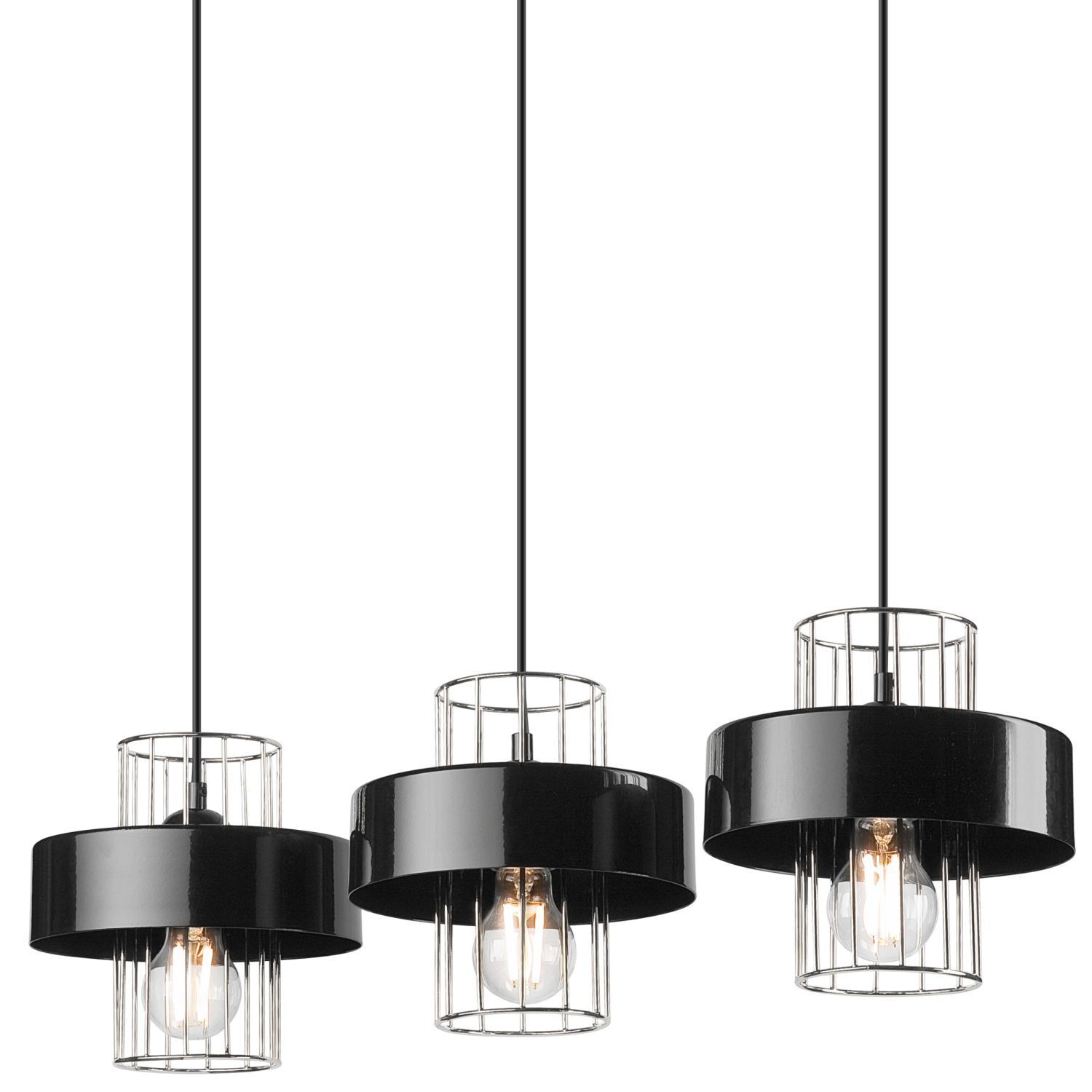 Pendelleuchte 3-flammig Modern Schwarz Chrom E27 Metall