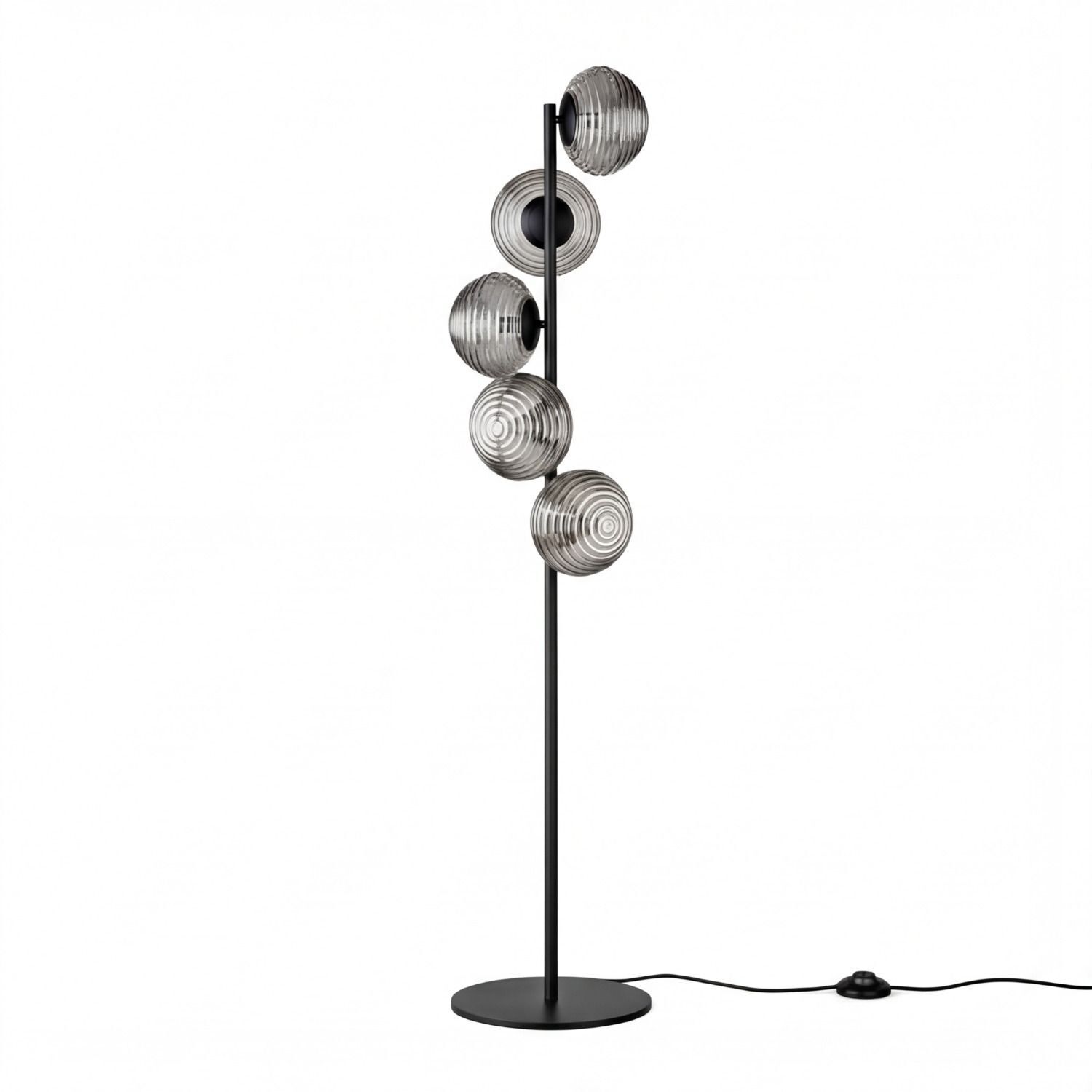 Stehlampe Schwarz Rauchglas Metall Schalter 160 cm E27 Stehlampe, Lampenständer, Kugel-Lampe, Metalldesign, Spiralförmige Kugeln