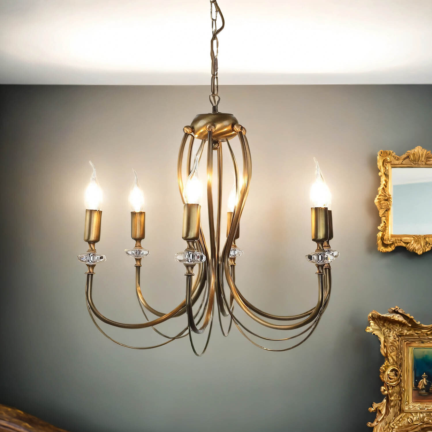 Rustikaler Kronleuchter Metall in Messing E14 6-flammig Leuchter, Lampe