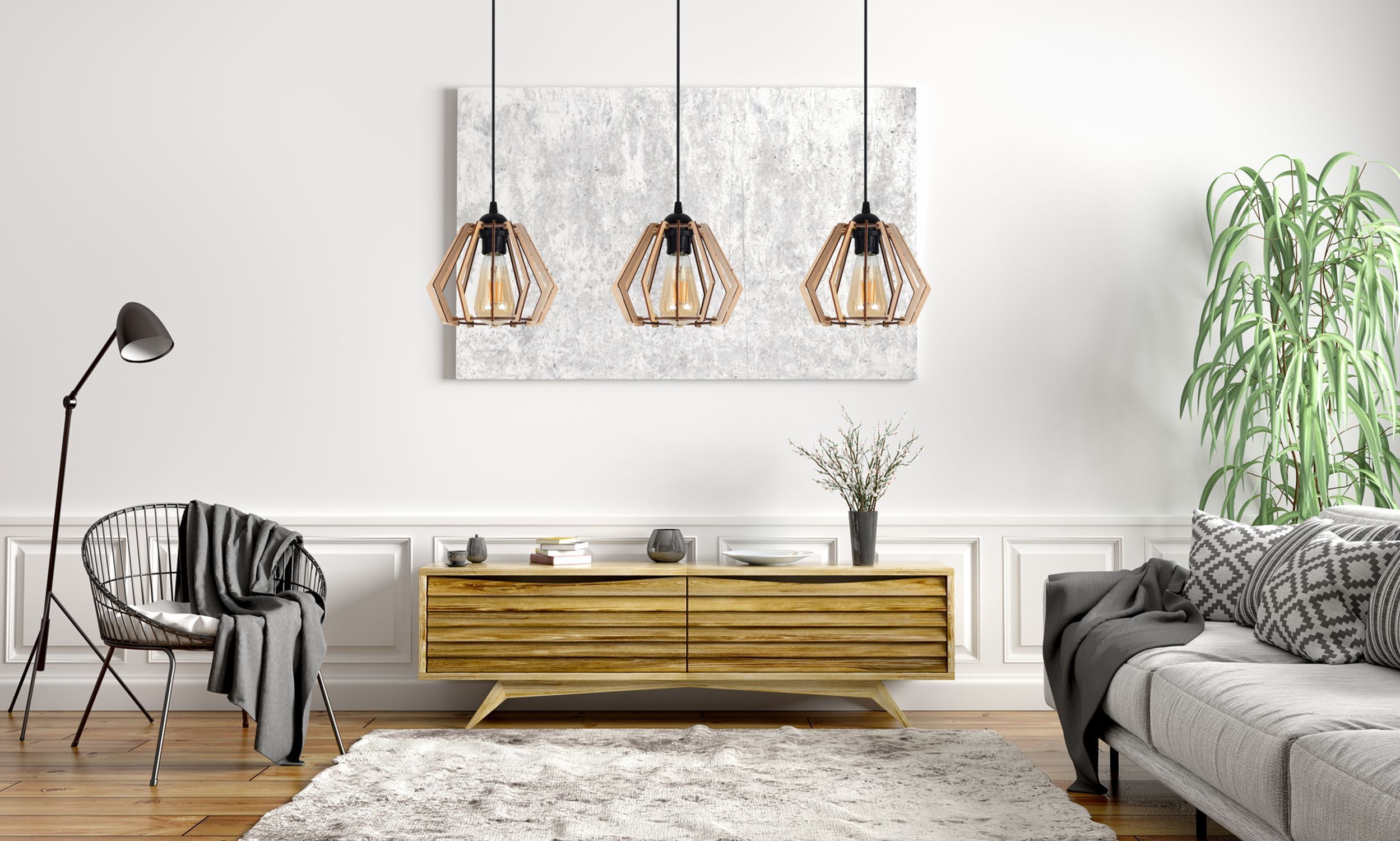 Pendelleuchten, Holzsideboard, Wohnzimmerdekoration, Plattenkunst, Pflanzen-Dekor