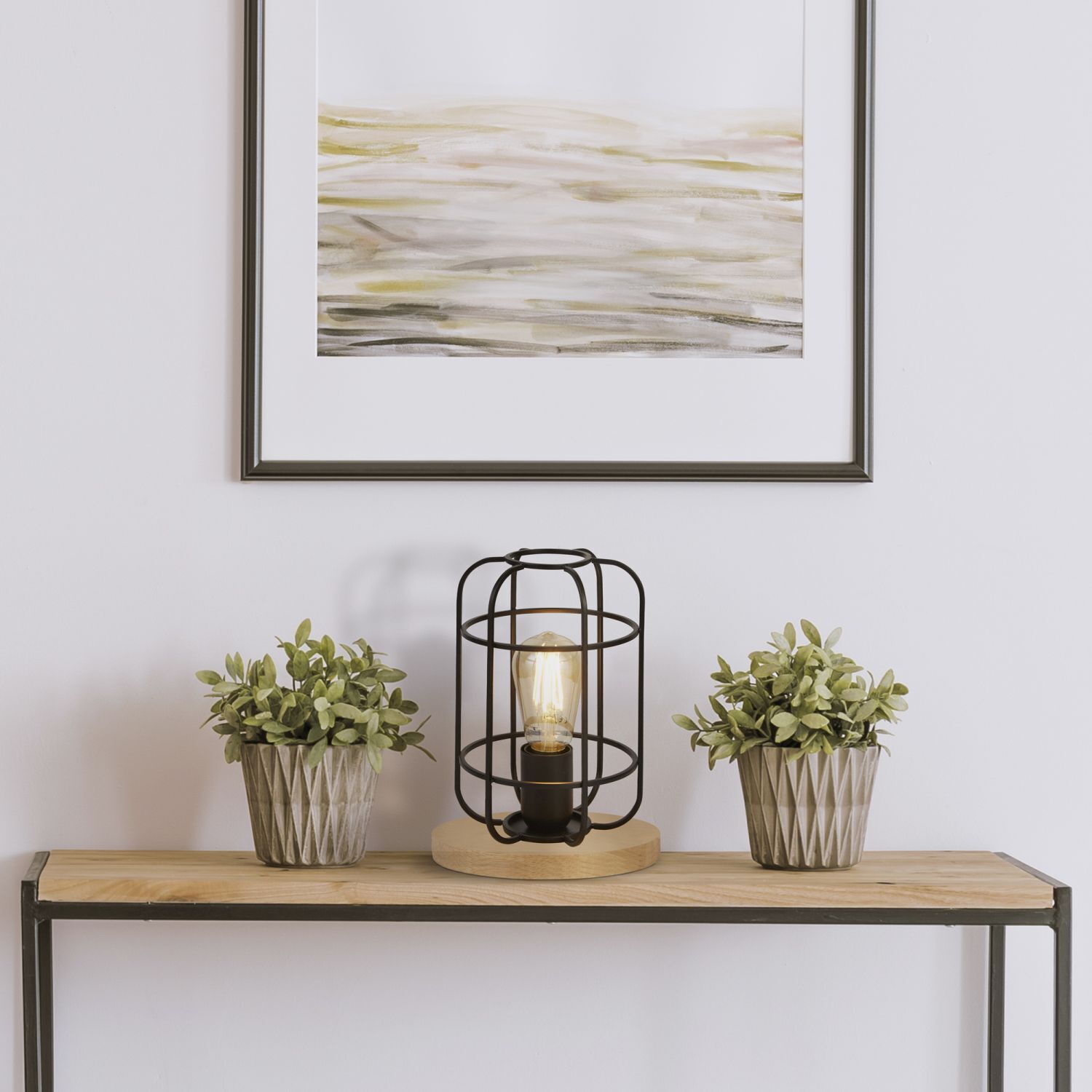 Tischlampe klein H: 24,5 cm Ø 18 cm E27 Metall Holz