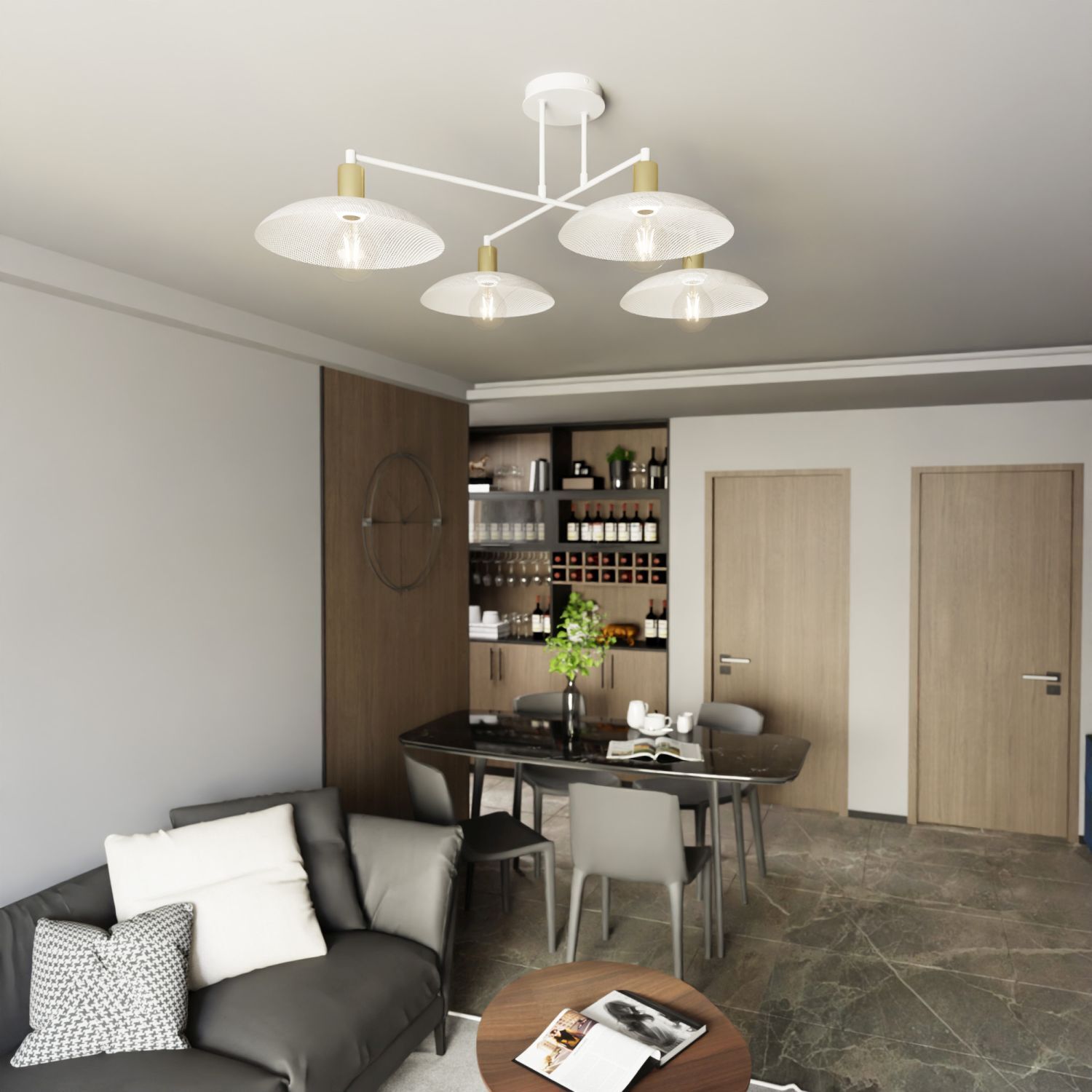 Deckenlampe Weiß Gold 100 cm lang E27 4-flammig Metall Wohnzimmer, Dekoration Ihres Zuhauses, Innenarchitektur, Esstisch, Tisch