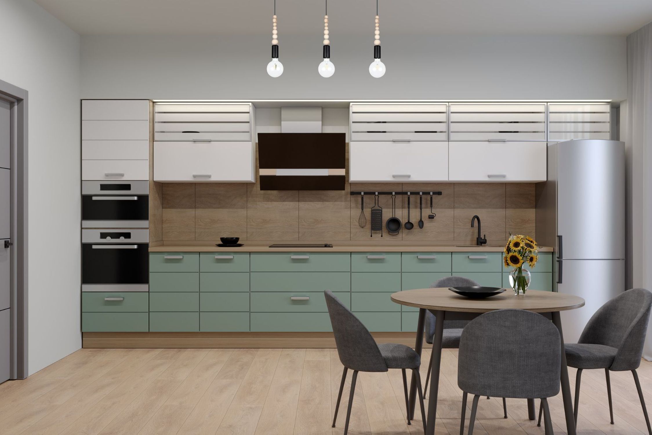 Lange Hängelampe Schwarz Holz Metall L:60 cm E27 3-flmg Küche, Küchenschränke, Edelstahl, Kühlschrank, Esstisch