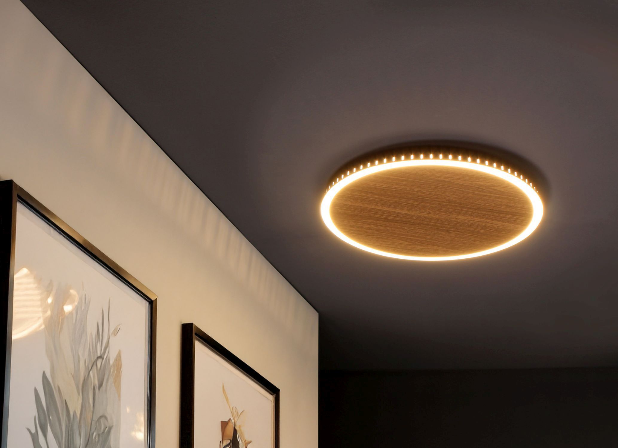 LED Wandleuchte Holz Schwarz rund Ø50 cm 3500 K dimmbar deckenleuchte, leuchte, rund, led, holzoptik