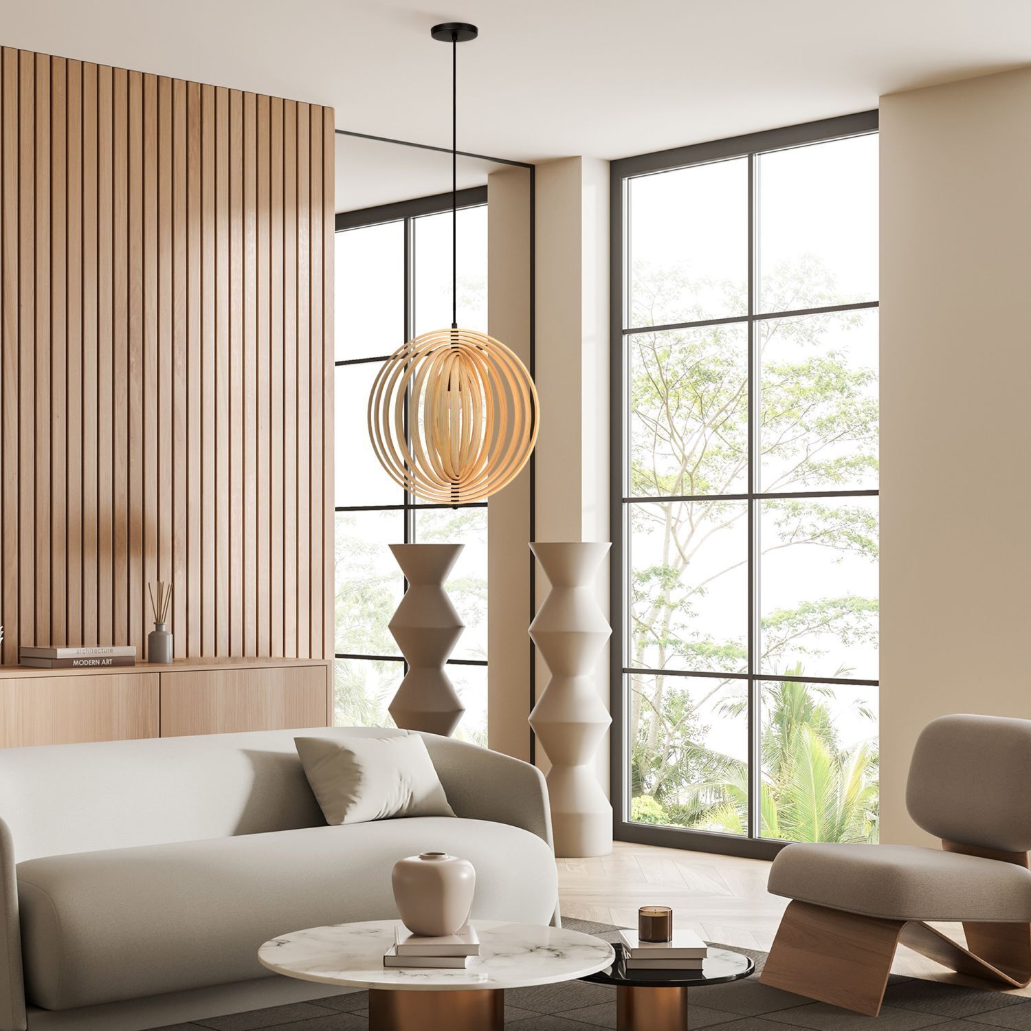 Pendelleuchte Metall Holz rund D: 43 cm Schwarz Beige sofa, wohnzimmer, holzverkleidung, lampe, dekorative vase