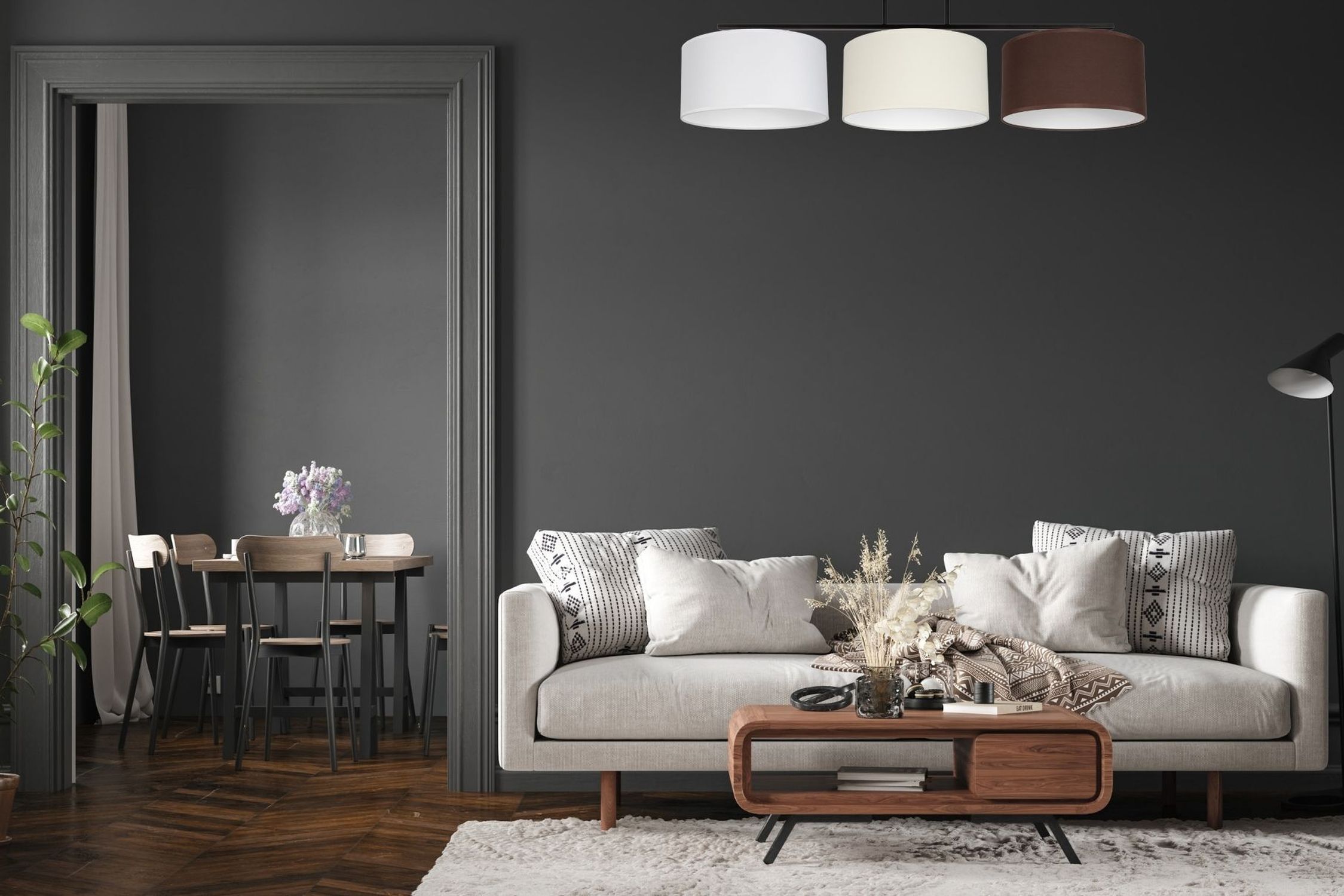 Wohnzimmer, Sofa, Couchtisch, Esstisch, Beleuchtung