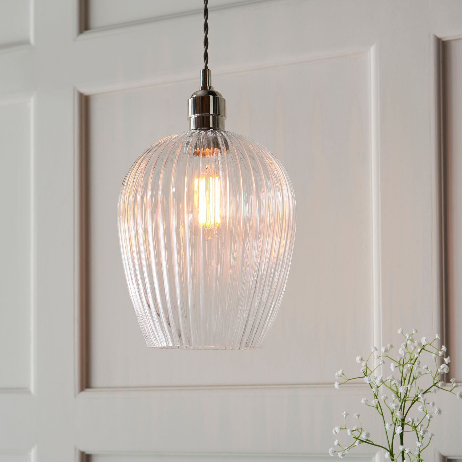 Hängelampe Riffelglas Metall Ø 21 cm Nickel glänzend E27
