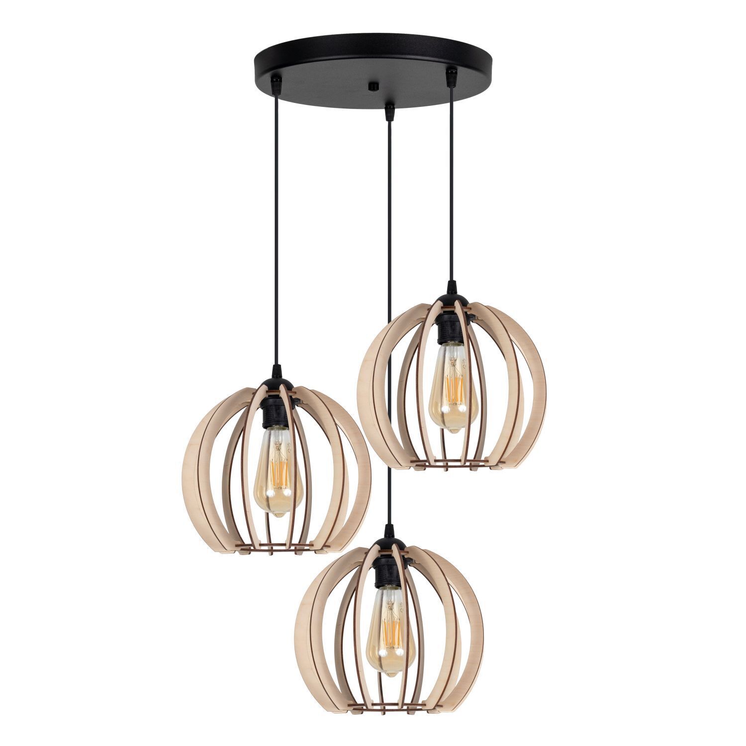 Pendellampe, Holzringe, Drei Lichter, Industrie-Design, Deckenleuchte