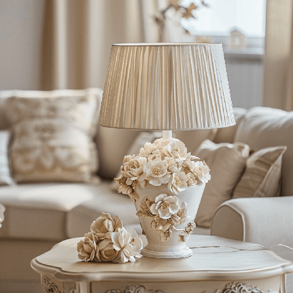 Tischlampe, Vase, Blumenornament, Keramik, Beige