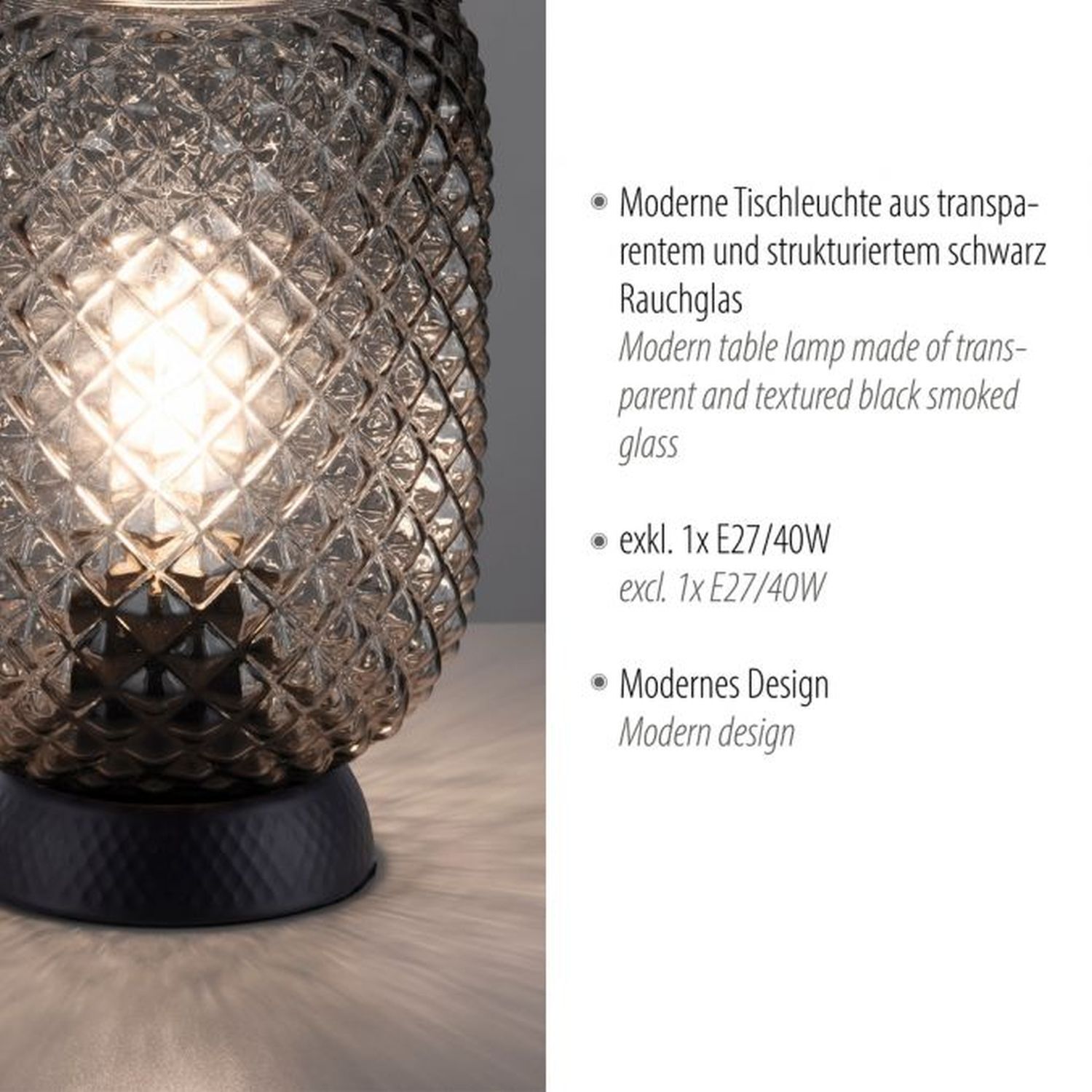 Tischlampe Rauchgrau Schwarz Glas Metall 22,5 cm E27 Lampe, Tischlampe