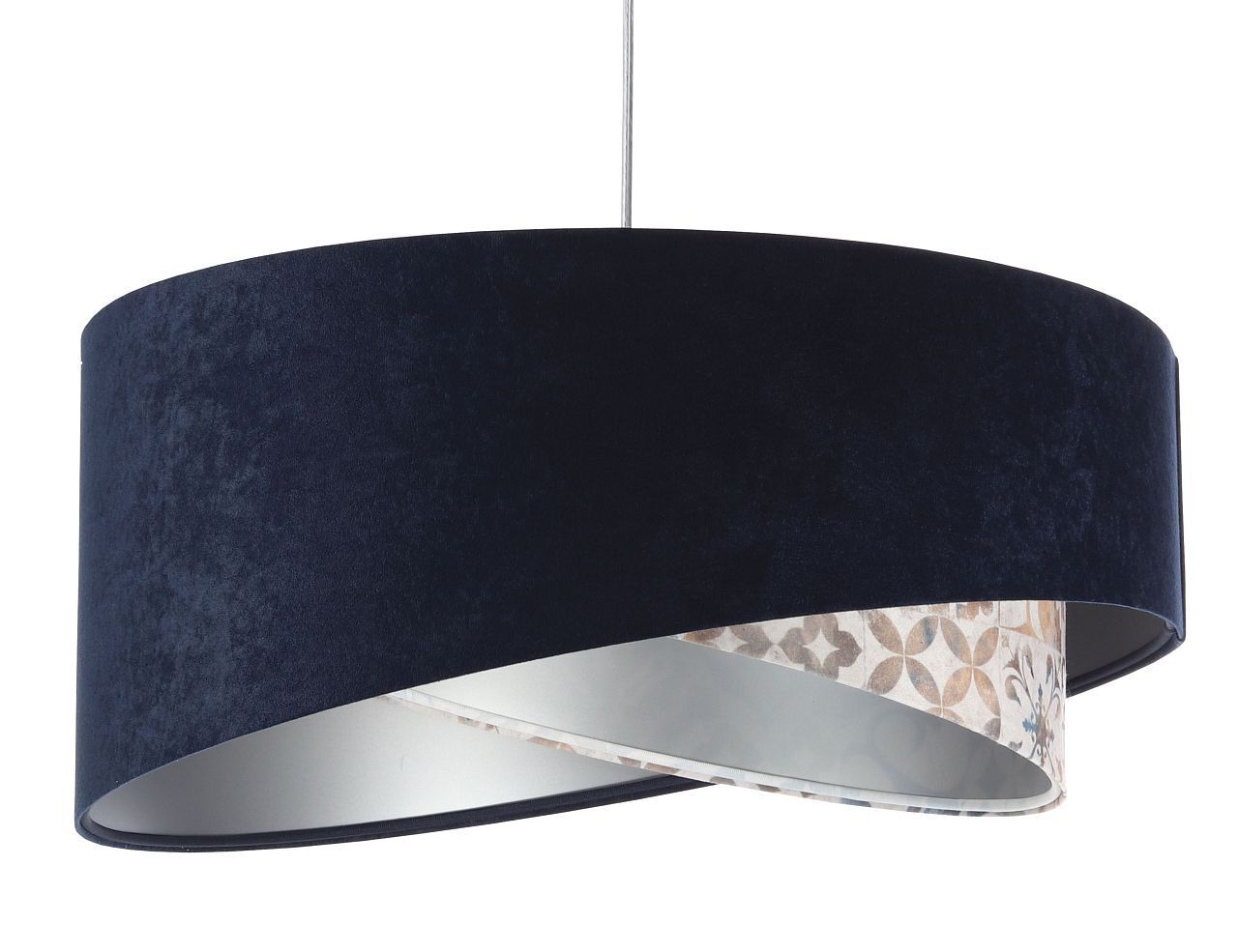 Hängeleuchte Stoff D: 50 cm Velours Optik Blau Beige Silber