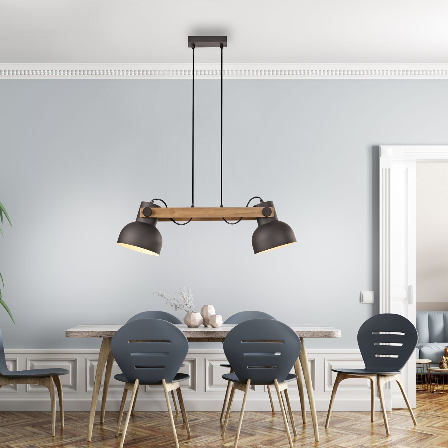 Industrial Pendelleuchte Holz Metall E27 flexibel