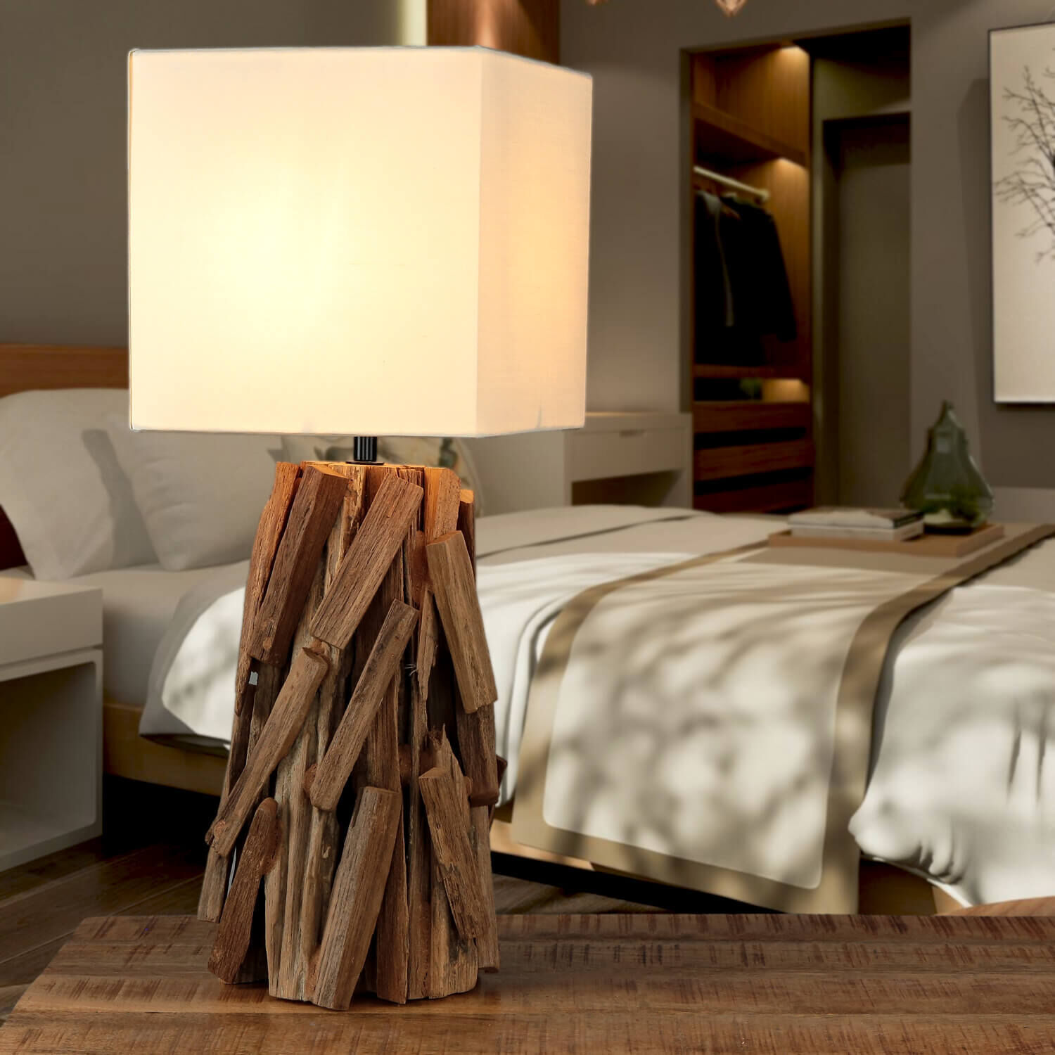 Tischleuchte Treibholz Stoff 53 cm Nachtisch Wohnzimmer Lampe, Holz, Tischlampe