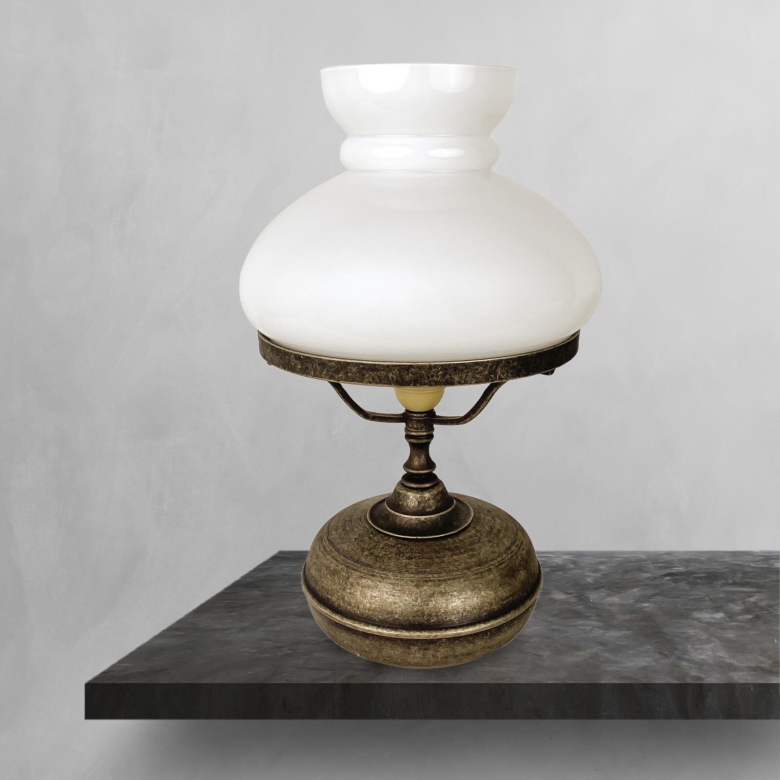 Tischleuchte Messing Glas 36,5 cm in Bronze Antik Weiß E14 Lampe, Tischlampe