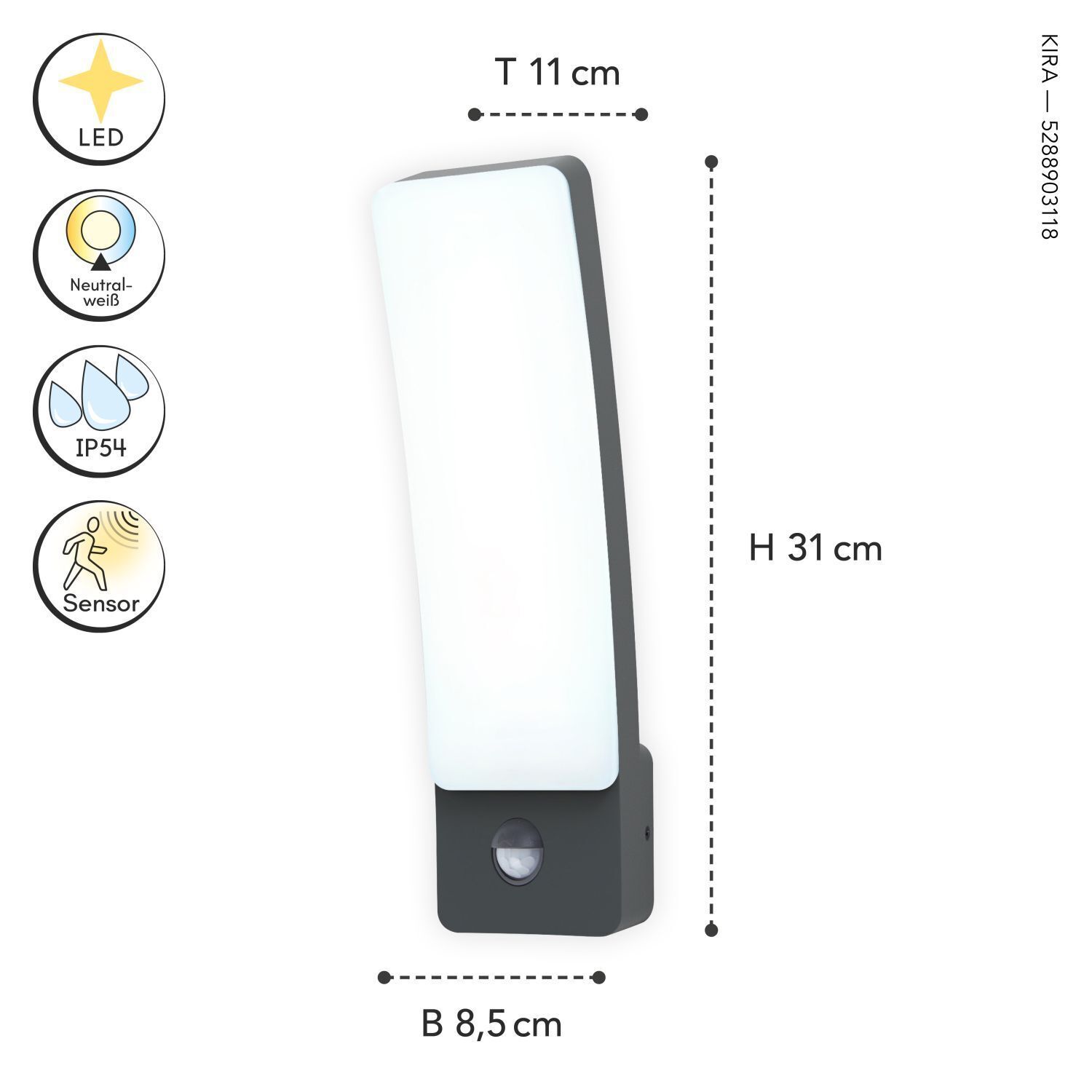 LED Wandleuchte Bewegungsmelder Aluminium 4000 K IP54