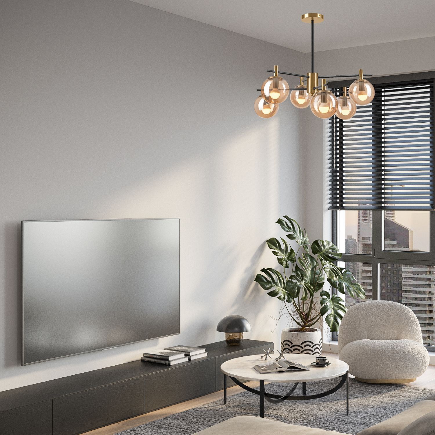 wohnzimmer, pendelleuchte, globe-lampe, wohnzimmertisch, pflanze