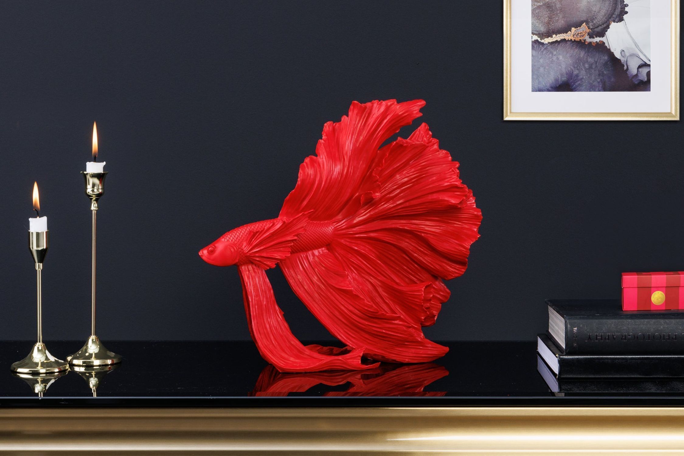 Deko Statue Kampffisch Polyresin H: 36 cm Rot Kerze, Kiste, Tier, Fische, Leben im Meer