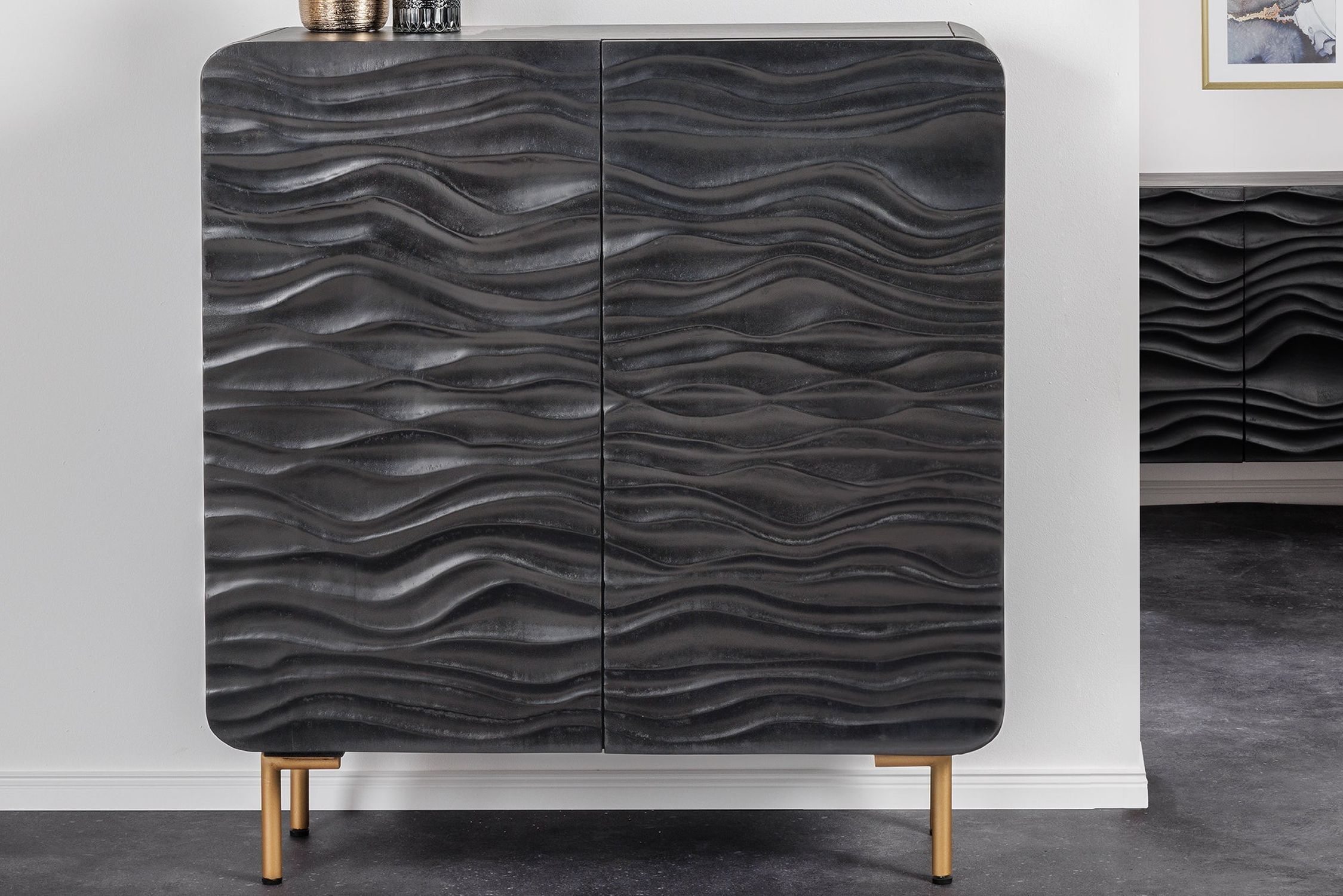 Highboard Schwarz Gold 2 Türen 100 x 120 cm Handarbeit Moebel, Kabinett, Drinnen, Innenarchitektur
