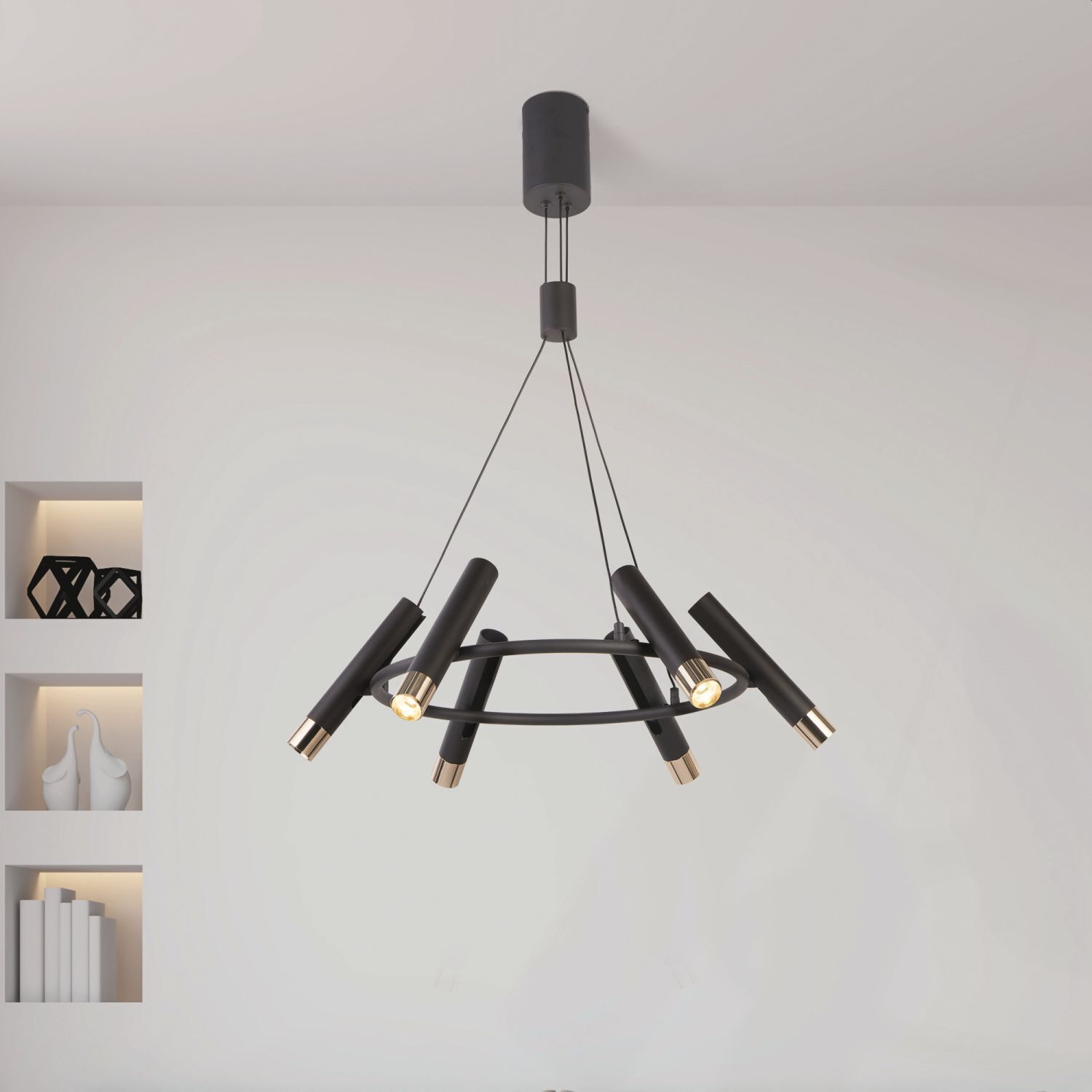 LED Hängeleuchte rund D: 70 cm in Schwarz Gold verstellbar