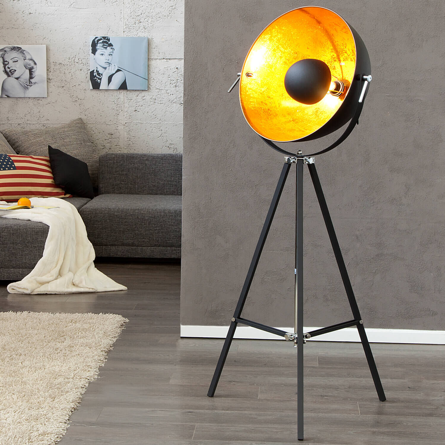 Stehleuchte 160cm Retro Dreibein Schwarz Gold Lampe, Person, Stehlampe