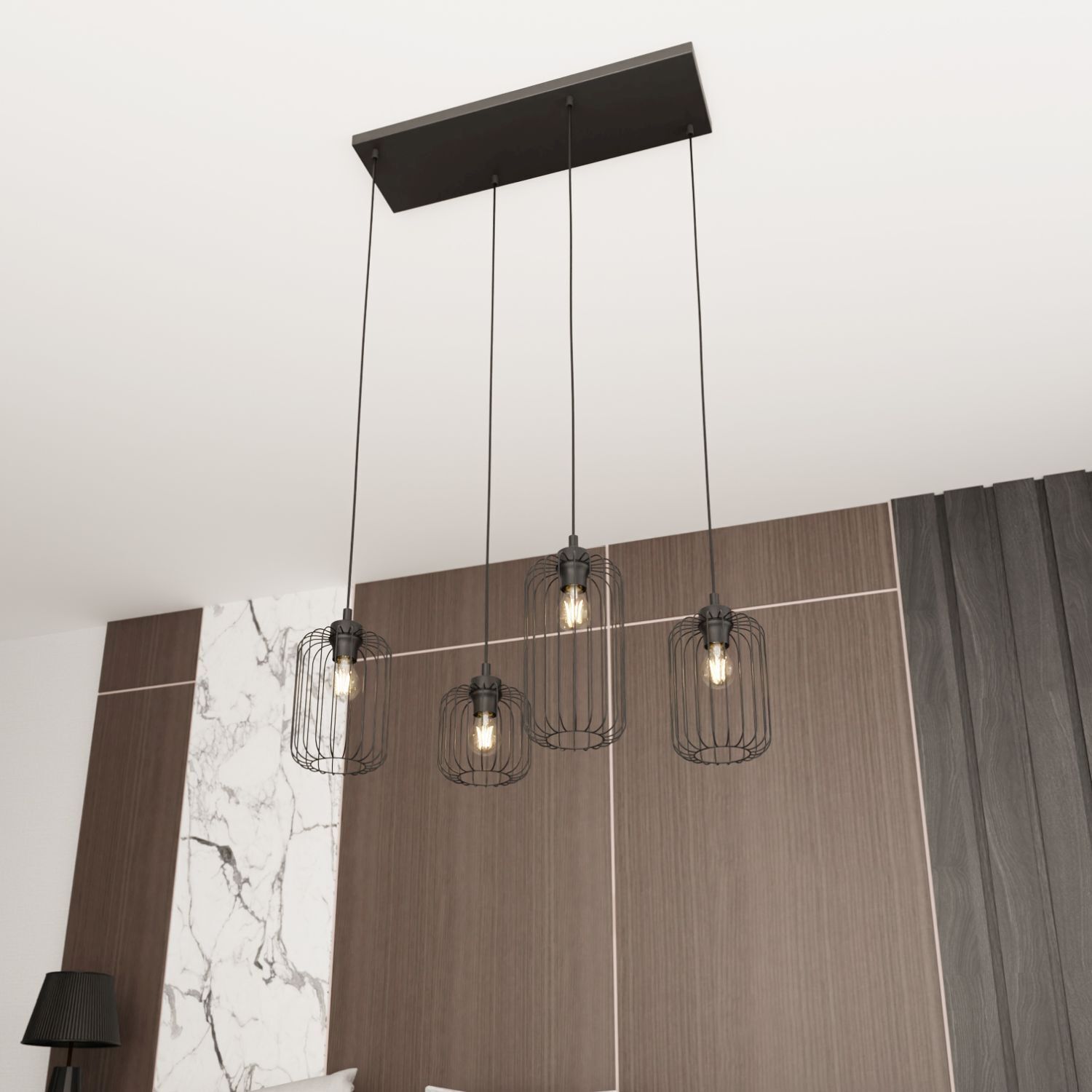 Pendelleuchte, hängende Lampe, Stahlkäfig-Schirm, vier Leuchten, industrieller Stil