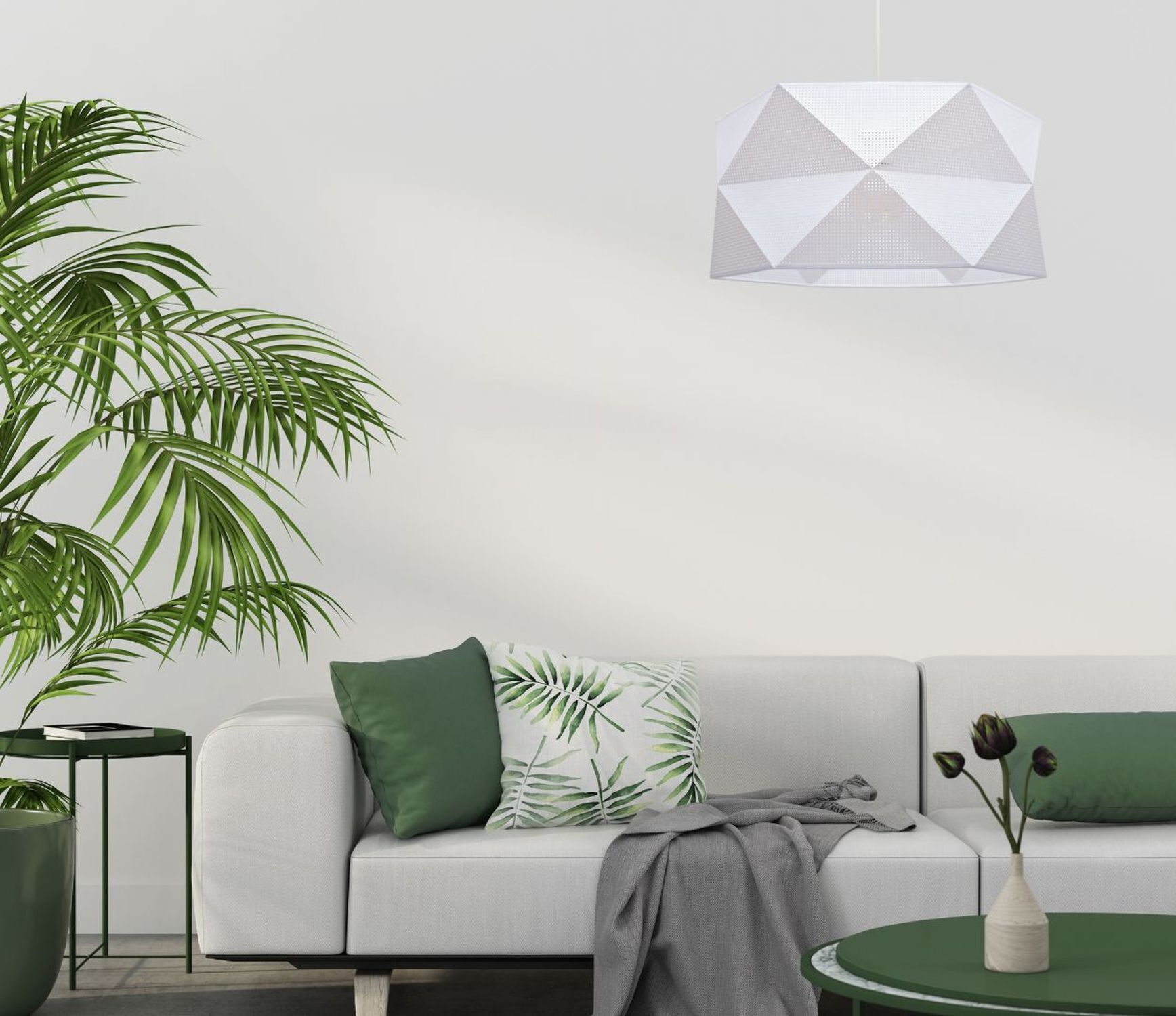 Moderne Pendelleuchte Stoff blendarm E27 L:70 Weiß Gold Lampe, Pflanze, Couch, Mobiliar